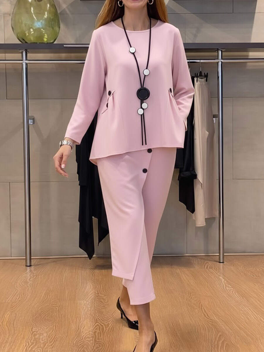 🔥Summer Arrivals🌟Women's Solid Color Round Neck Long Sleeve Casual Loose Top And High Waist Casual Loose Wide Leg Pants Cotton Set