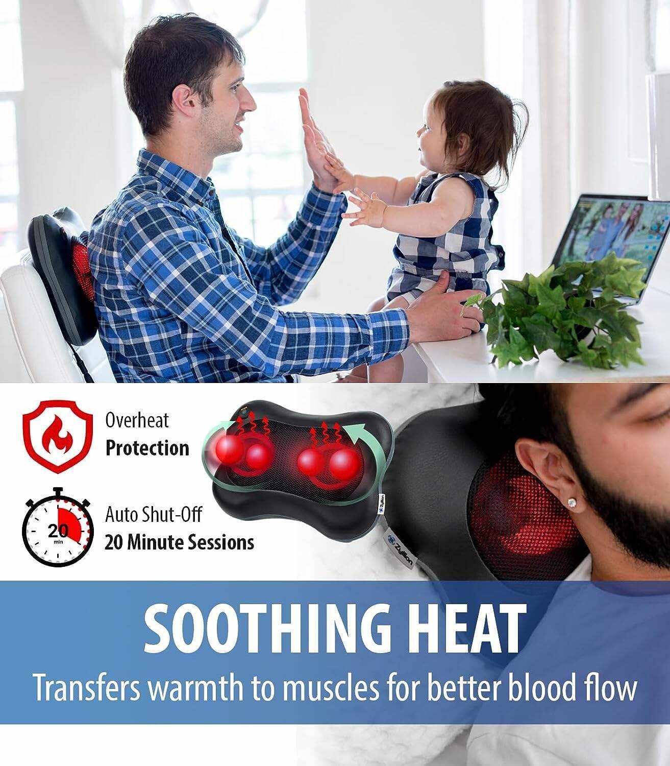 Zyllion Back and Neck Massager with Heat - 3D Deep Tissue Shiatsu Massage Pillow for Chair, Car and Muscle Pain on Whole Body: Shoulders, Calf, Foot, Legs, Arms (NOT Cordless) - Black (ZMA-13-BK)