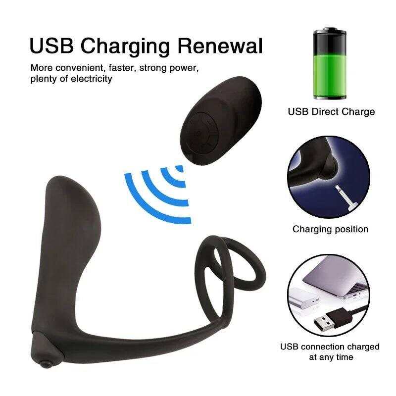 Male Prostate Massager Vibrator Butt Plug: Silicone Ring for Delayed Ejaculation