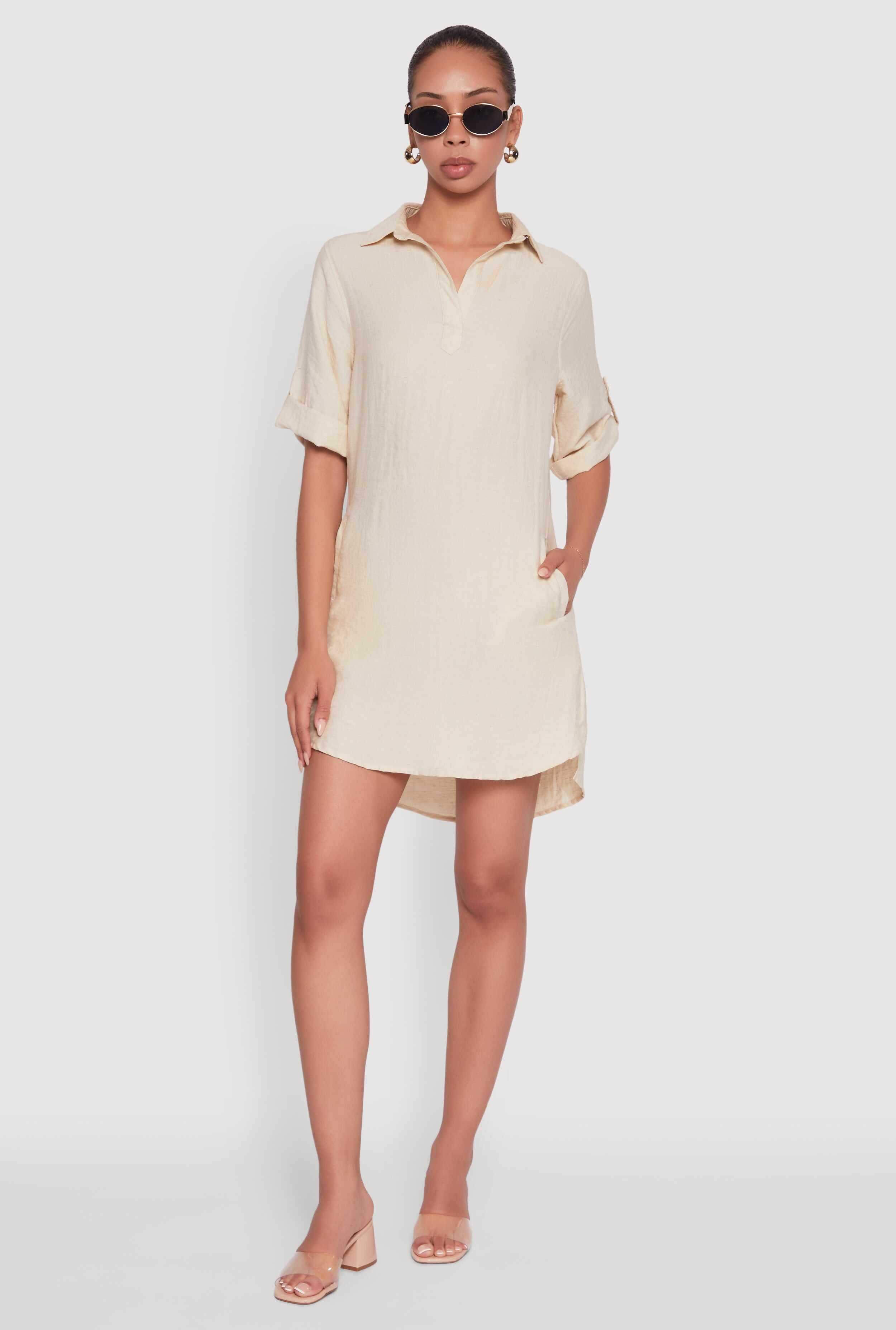 Trendy Linen Shirt Dress with Short Sleeves and Collared Neck