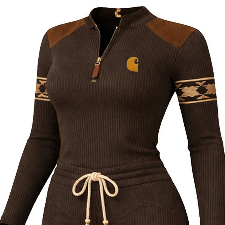 Women's Vintage Brown Ribbed Jumpsuit With Suede Accents