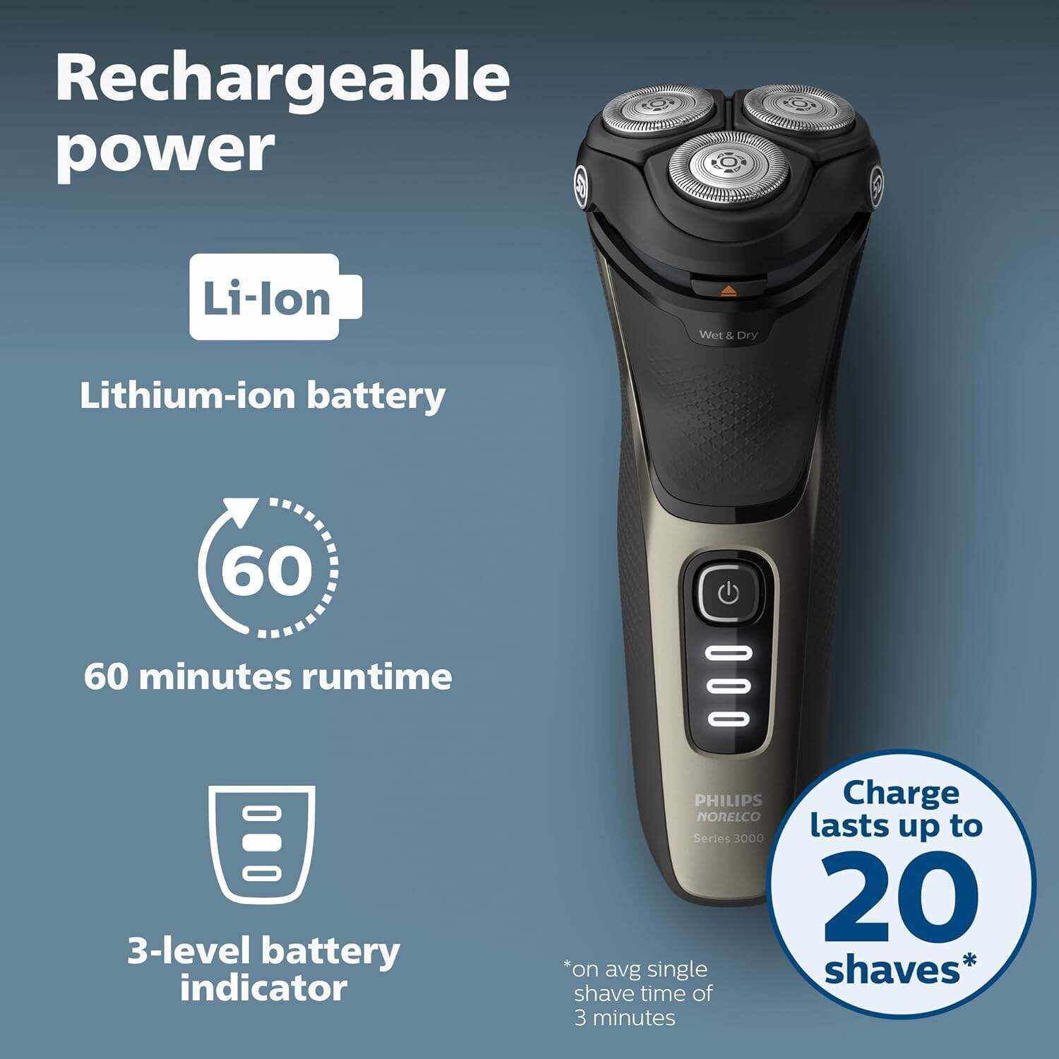 Philips Norelco Shaver 3800, Rechargeable Wet & Dry Shaver with Pop-up Trimmer, Charging Stand and Storage Pouch, Space Gray, S3311/85