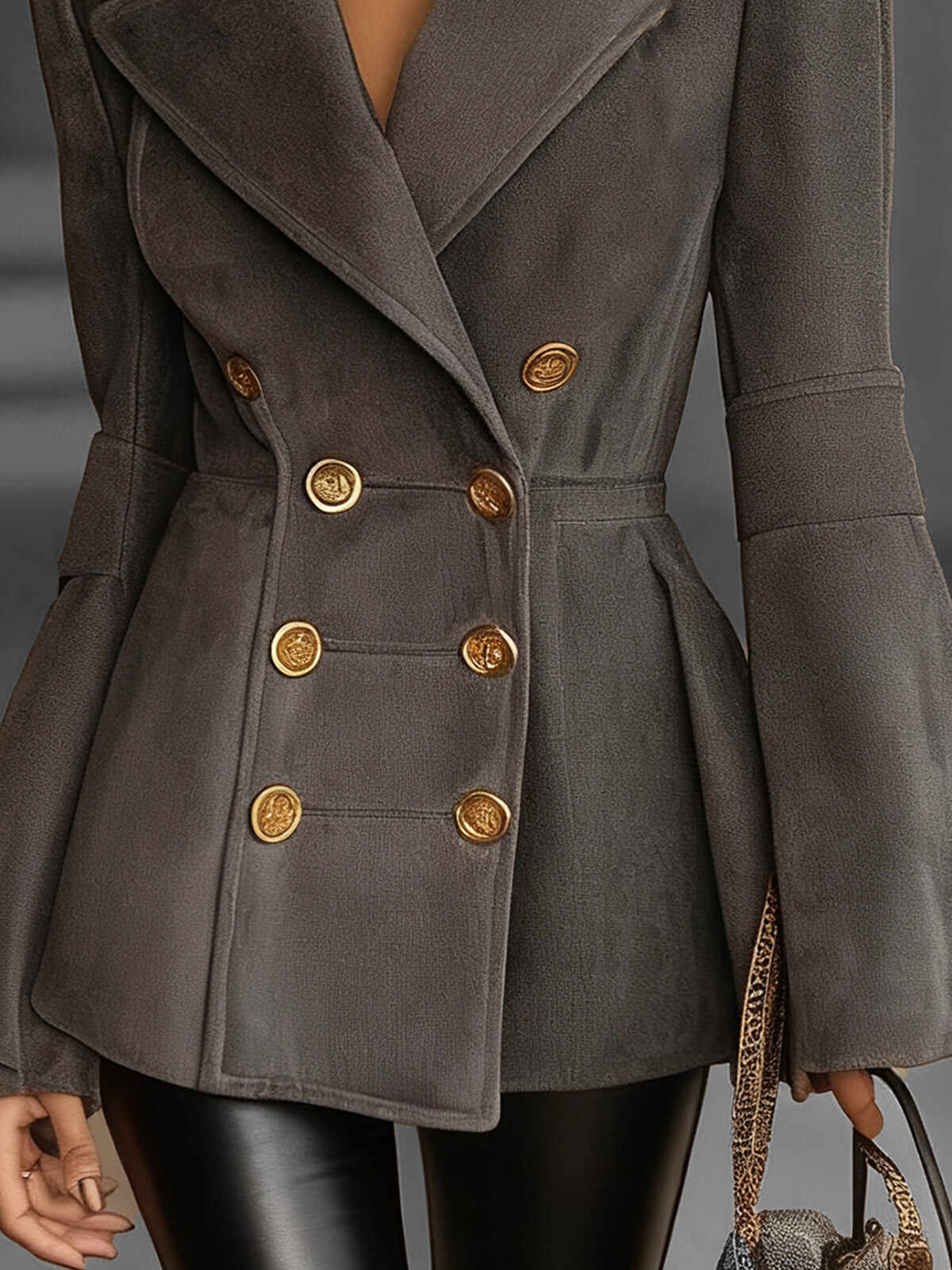Gray Classic Double-Breasted Coat With Gold Button Accents
