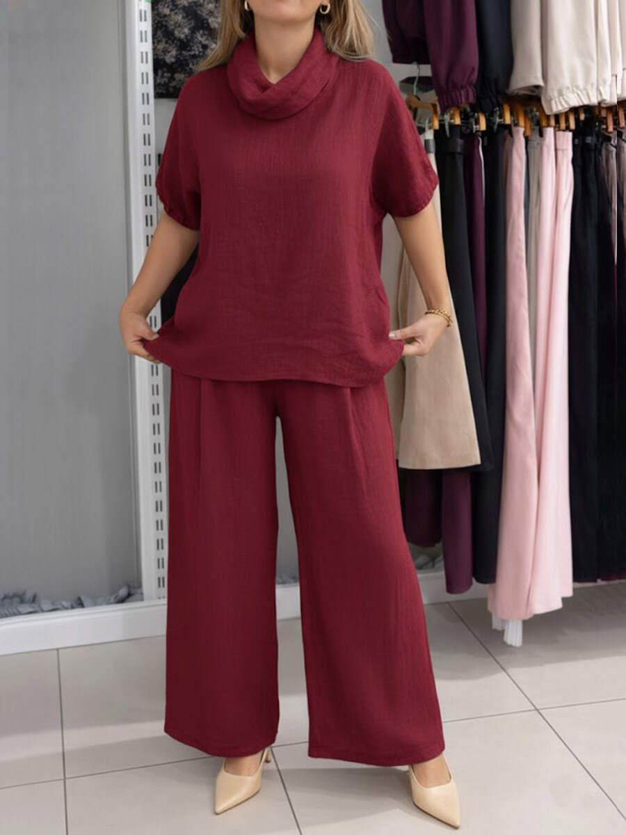 🔥Summer Arrivals🌟Women's Solid Color Stand-up Collar Short-sleeved Casual Loose Cotton Linen Top And High-waisted Casual Loose Cotton Linen Wide-
