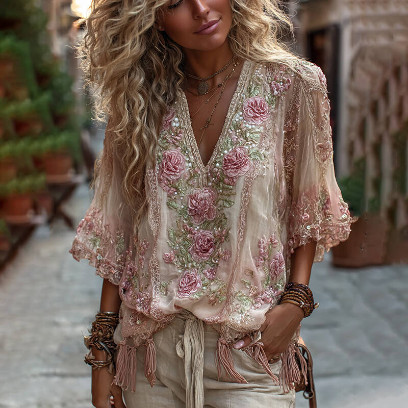 Women's Vintage Rose Embroidery Art Comfy Linen Shirts