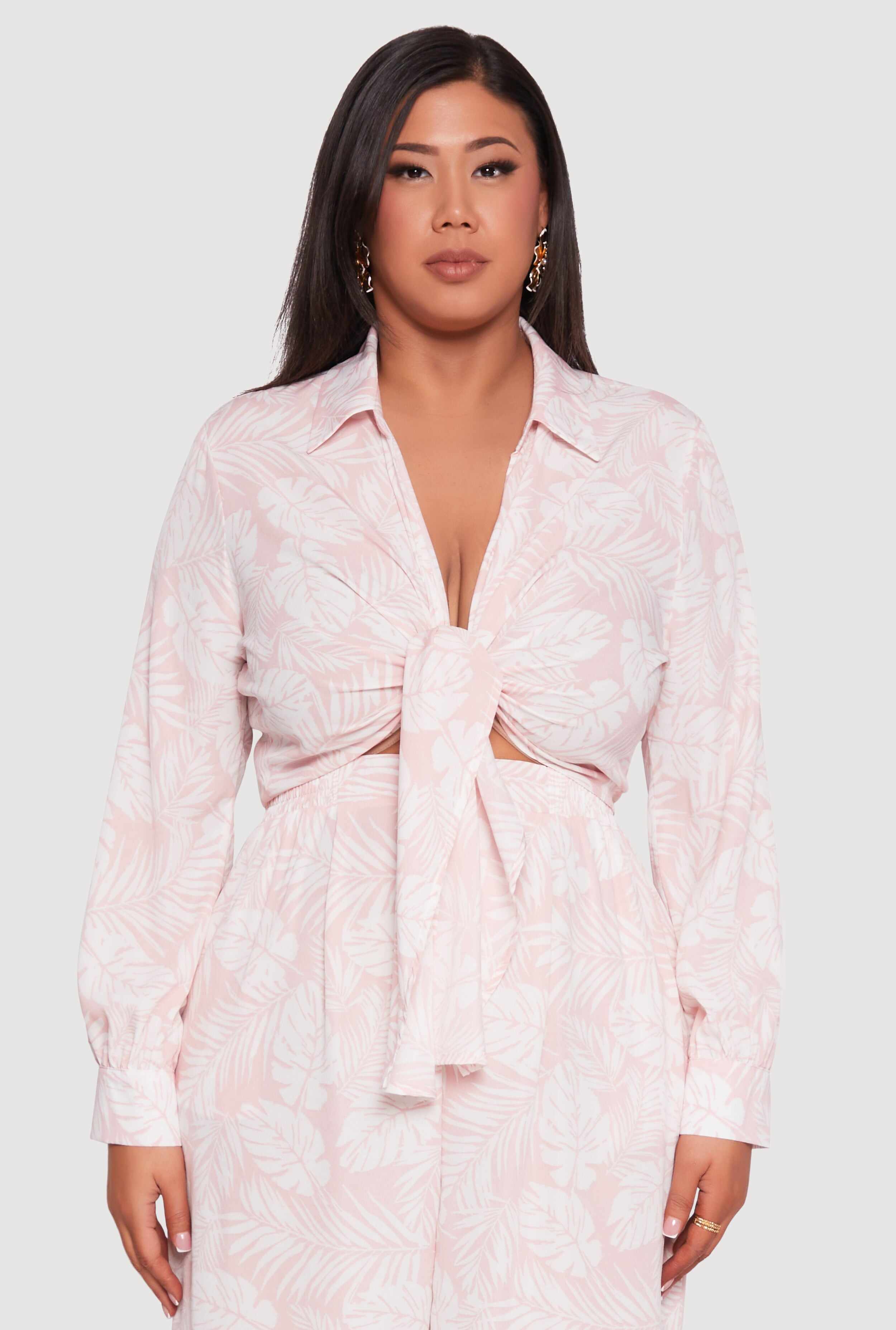 Plus Size Airy Leaf Print Tie Front Crop Top