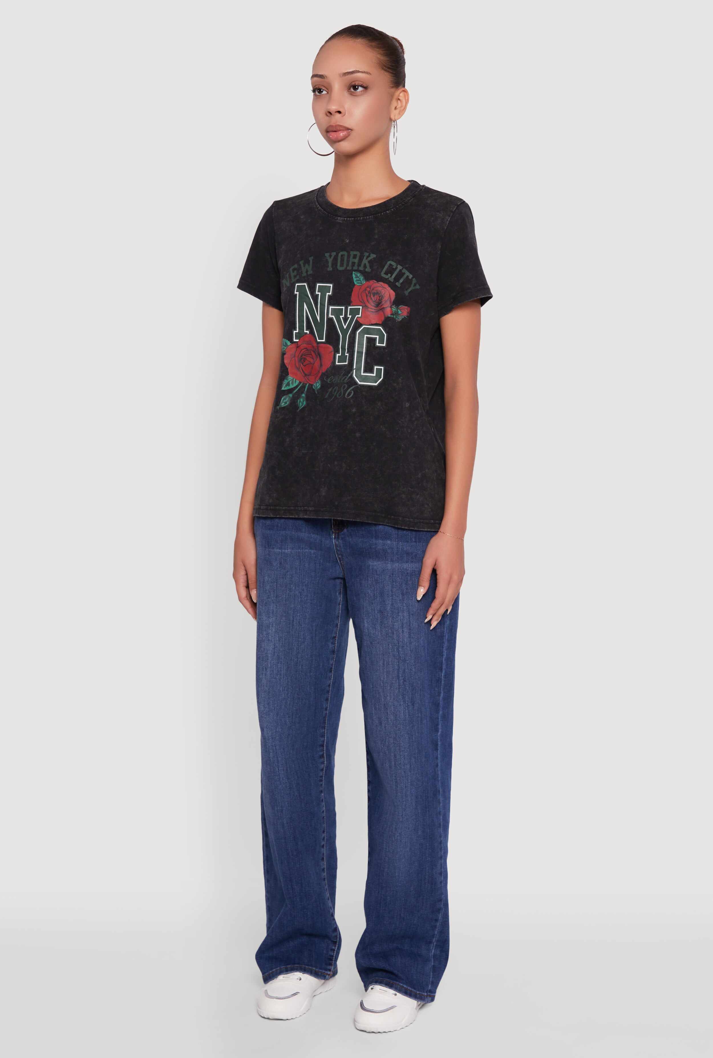 NYC Graphic Rose Print Acid Wash Classic Tee