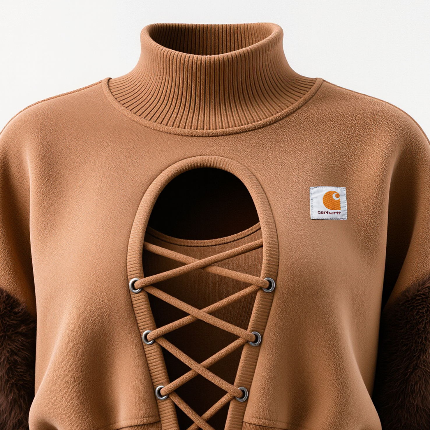 Women's Vintage Brown High-Neck Sweatshirt With Lace-Up Detail And Fur Sleeves