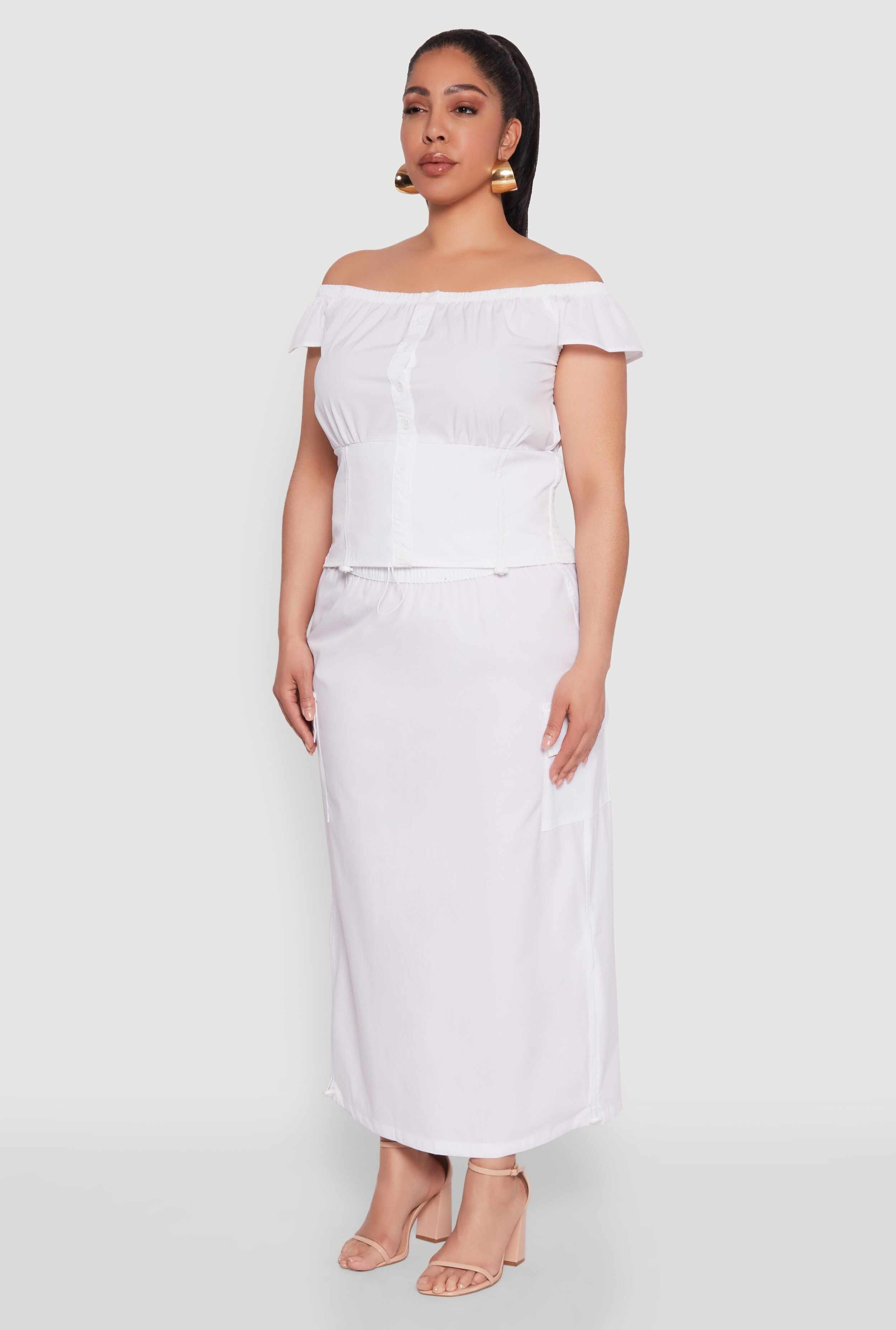 Plus Size Nylon Drawstring Off the Shoulder Top