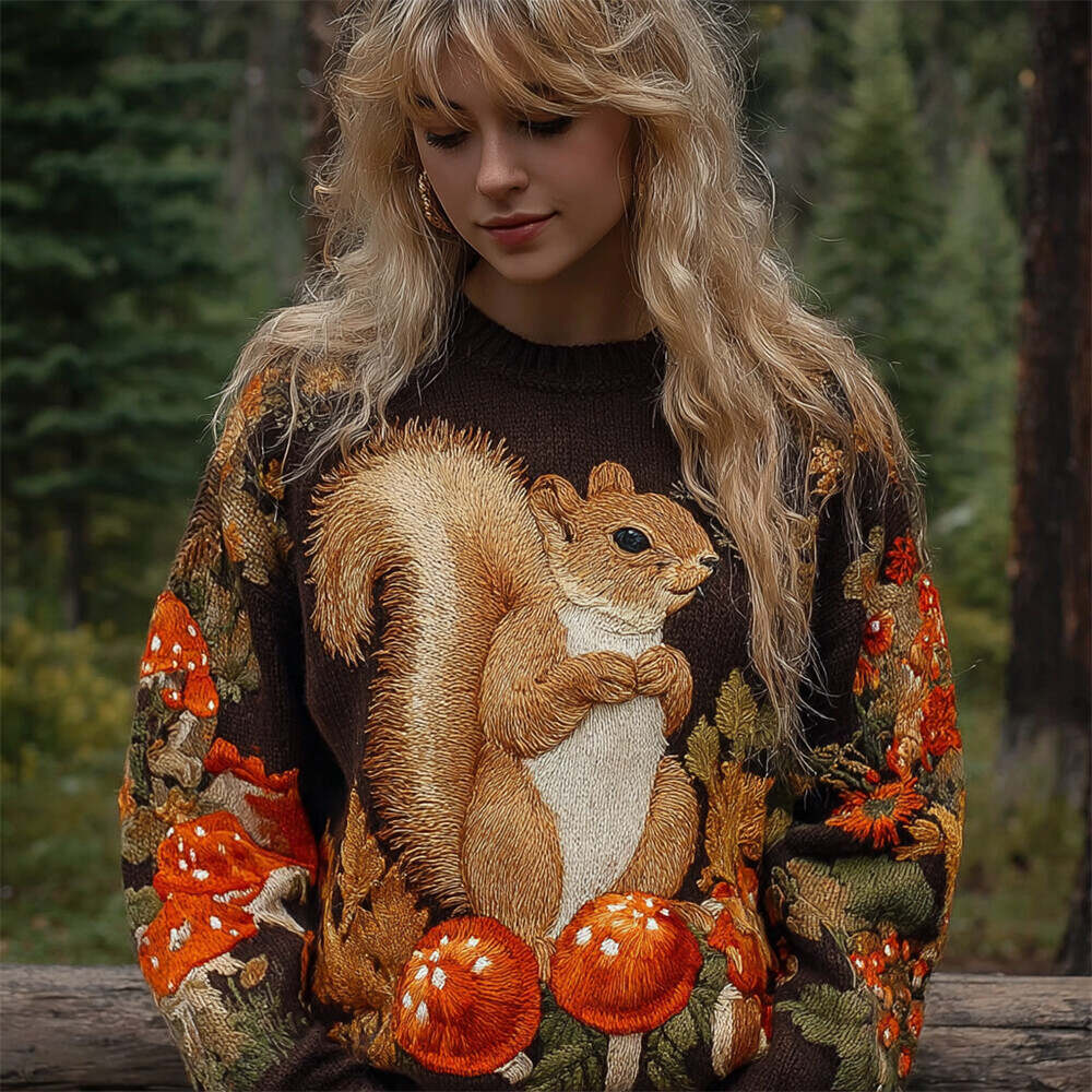 Forest Squirrel & Mushroom Embroidery Women's Knitted Sweater