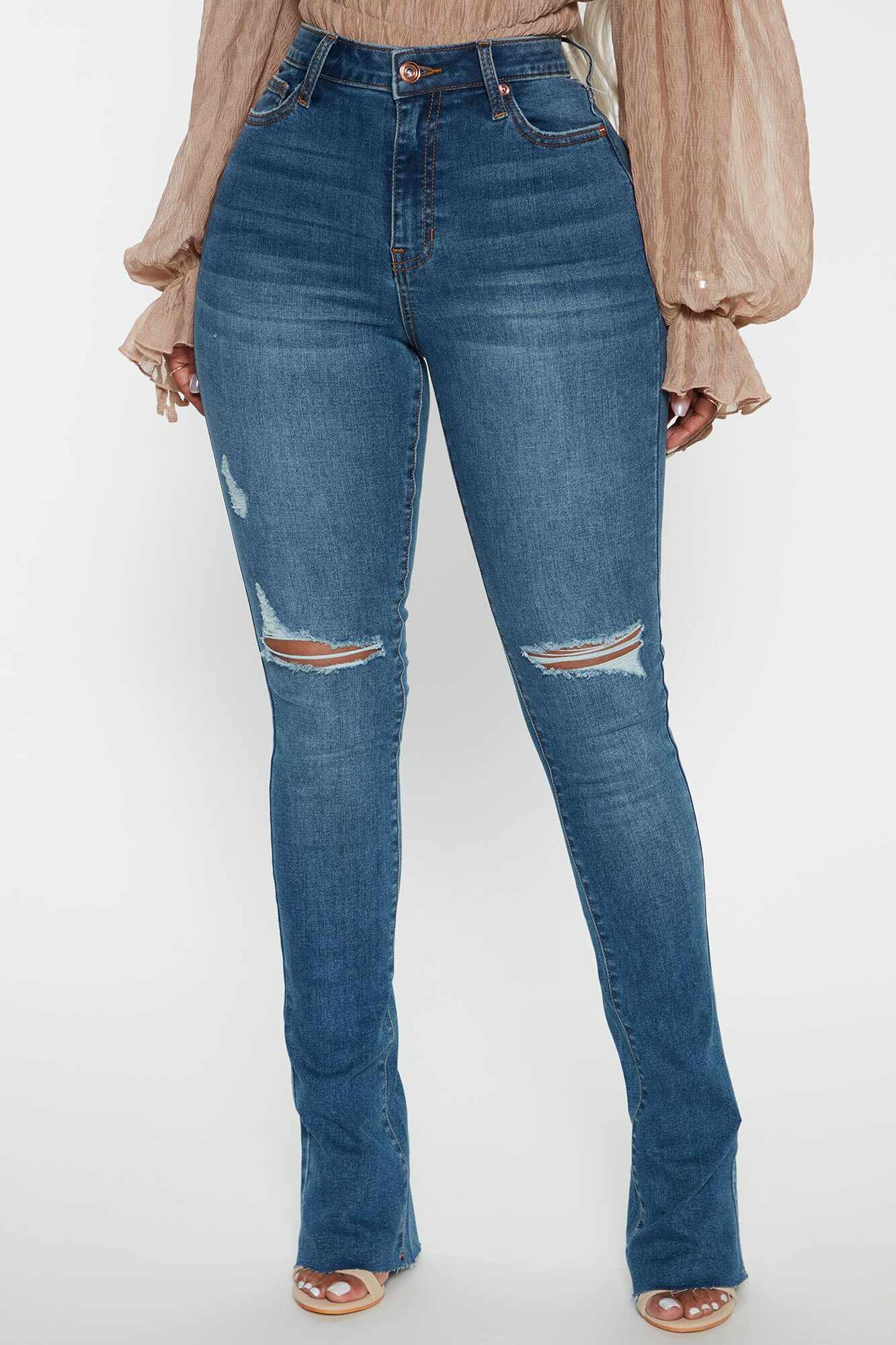 Best Stretch Ripped High Rise Bootcut Jeans - Dark Wash