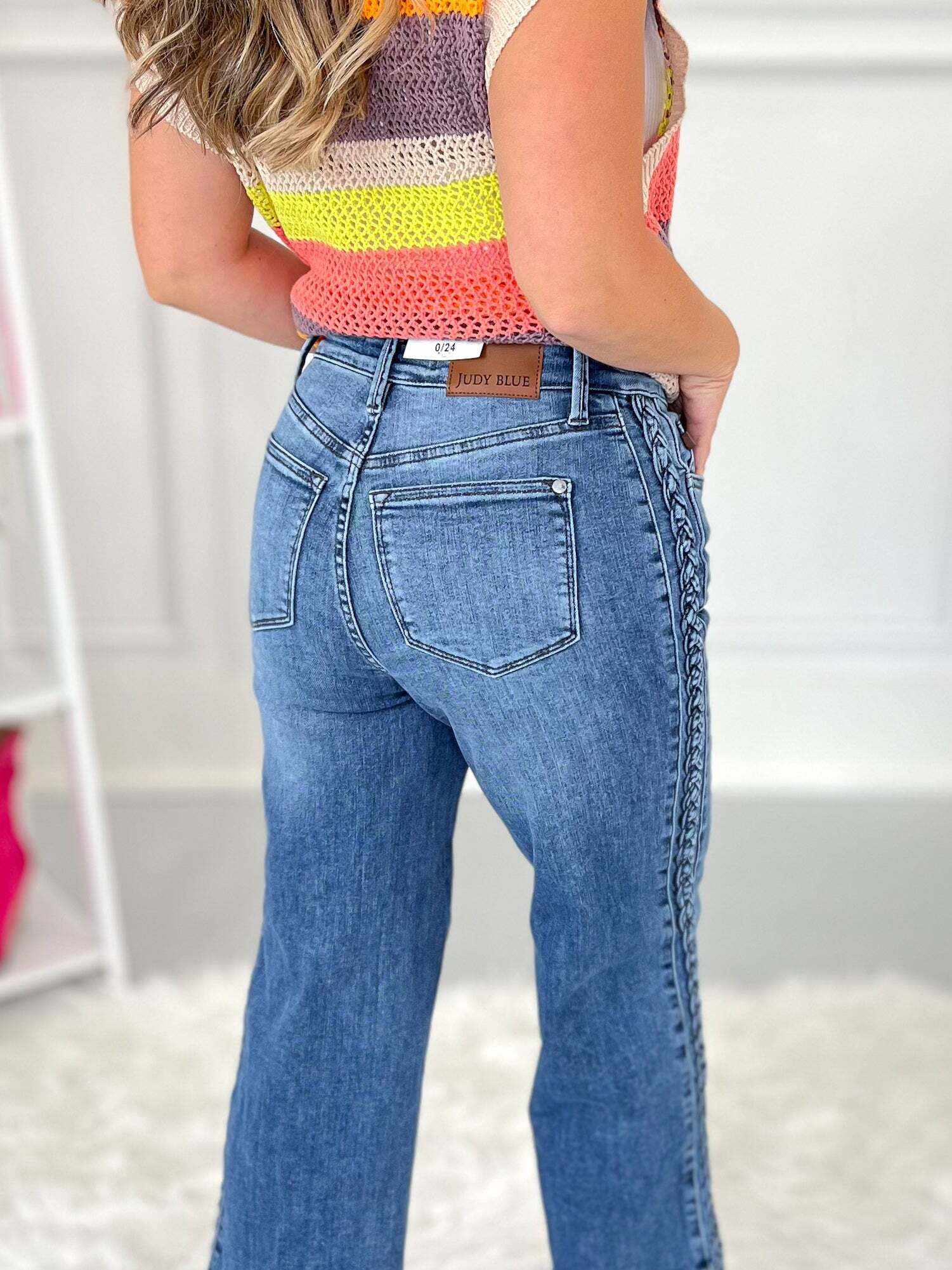 Boho Blues - Christmas Braided Sideseam Cropped Wide Leg Jeans- Final Sale