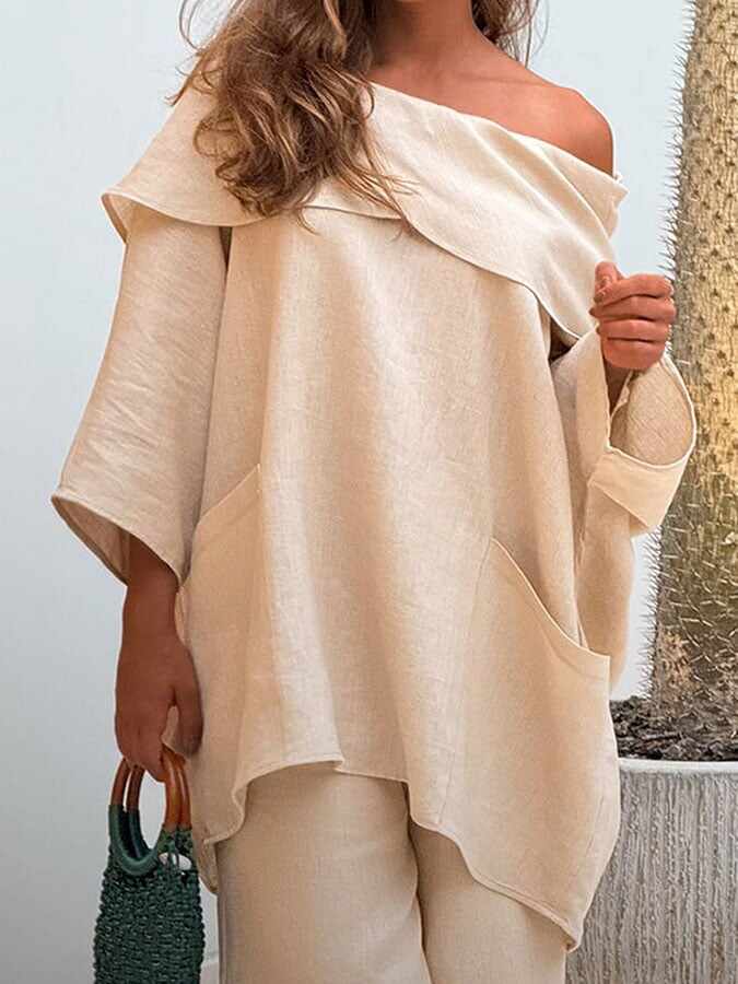Women's Casual Solid Color Long Sleeve Cotton and Linen Top