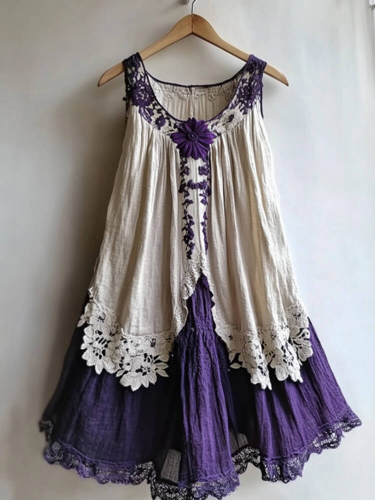 Vintage Violet Lace Floral Embroidery Art Tank Midi Dress
