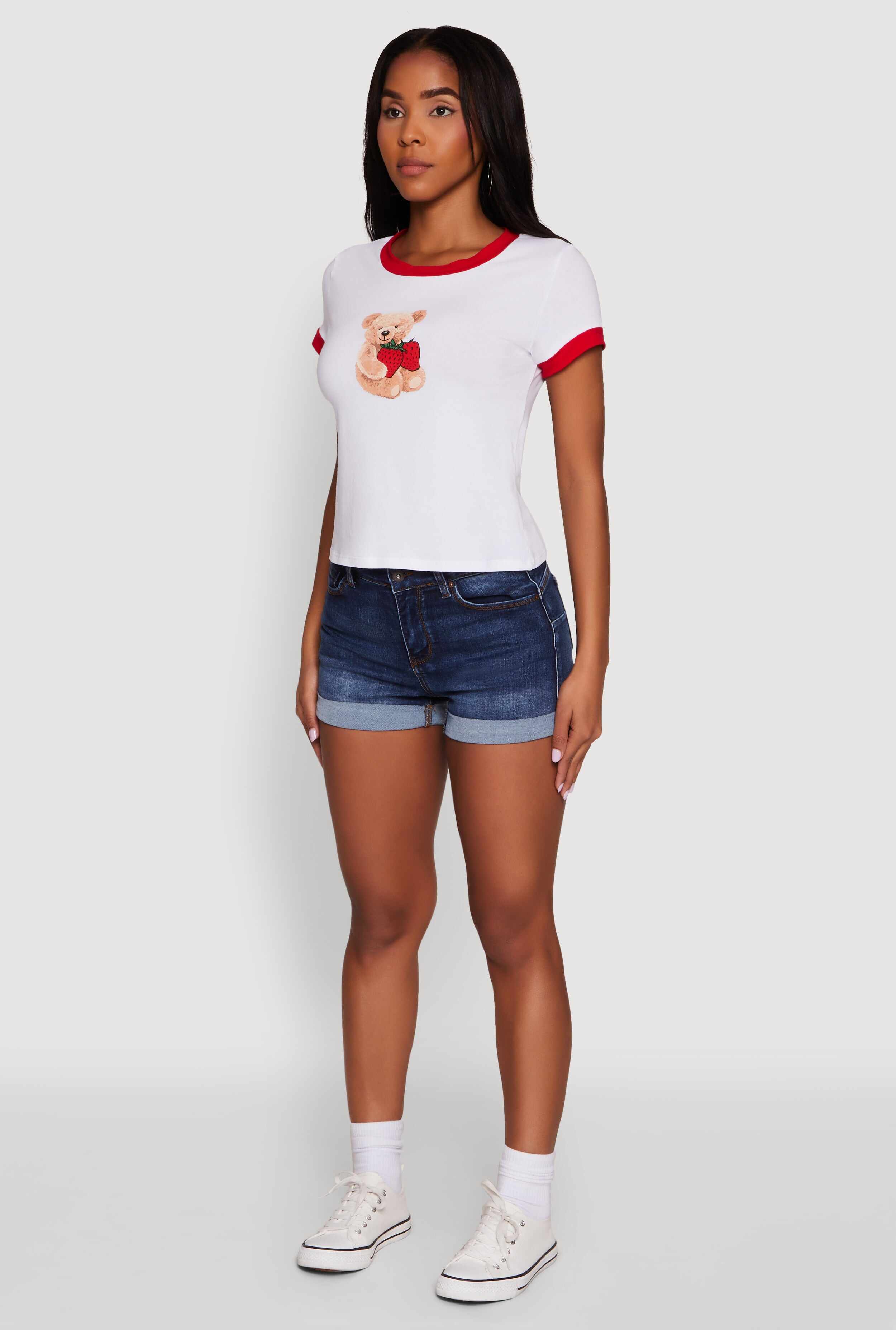 Trendy Graphic Strawberry Teddy Ringer T-Shirt