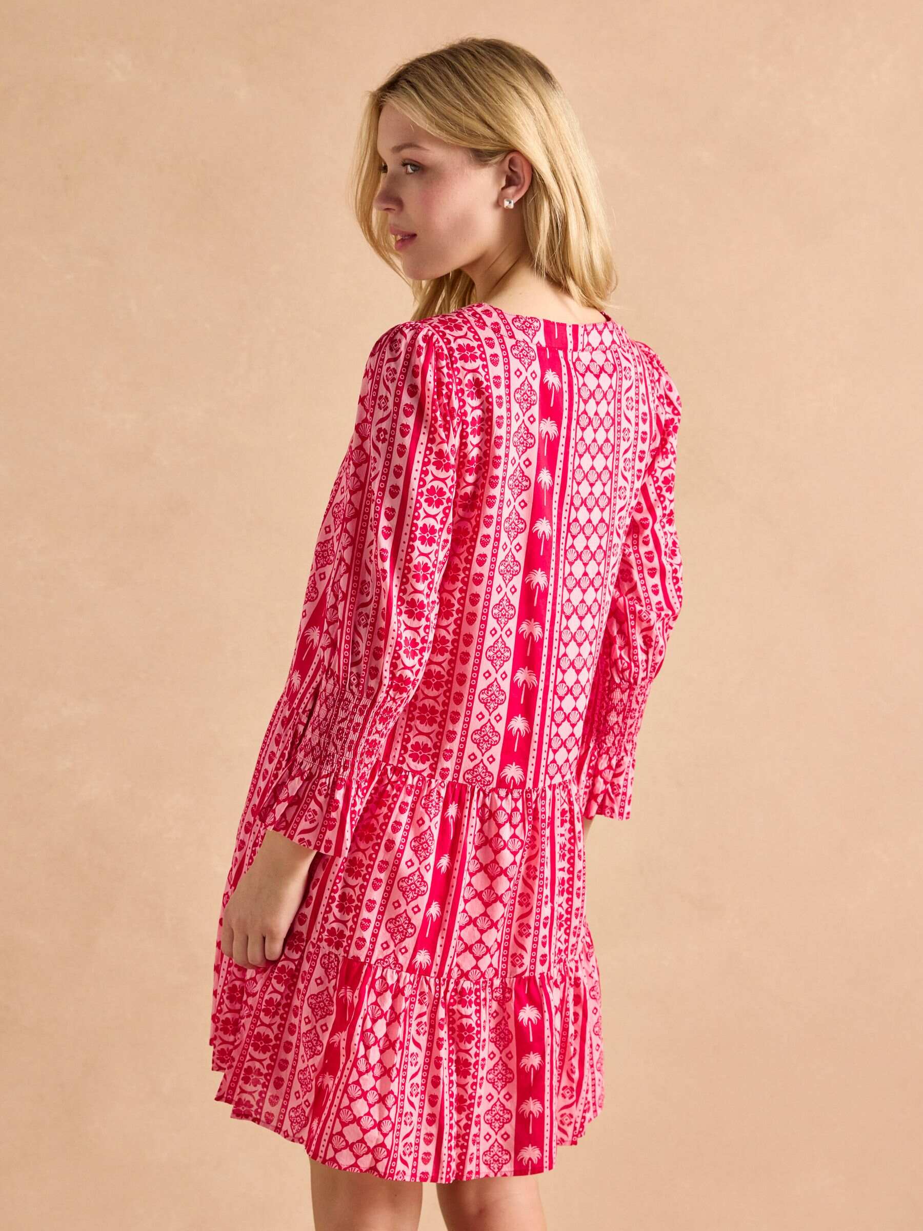 Alessia Pink Cotton V-Neck 3/4 Length Sleeve Tiered Dress