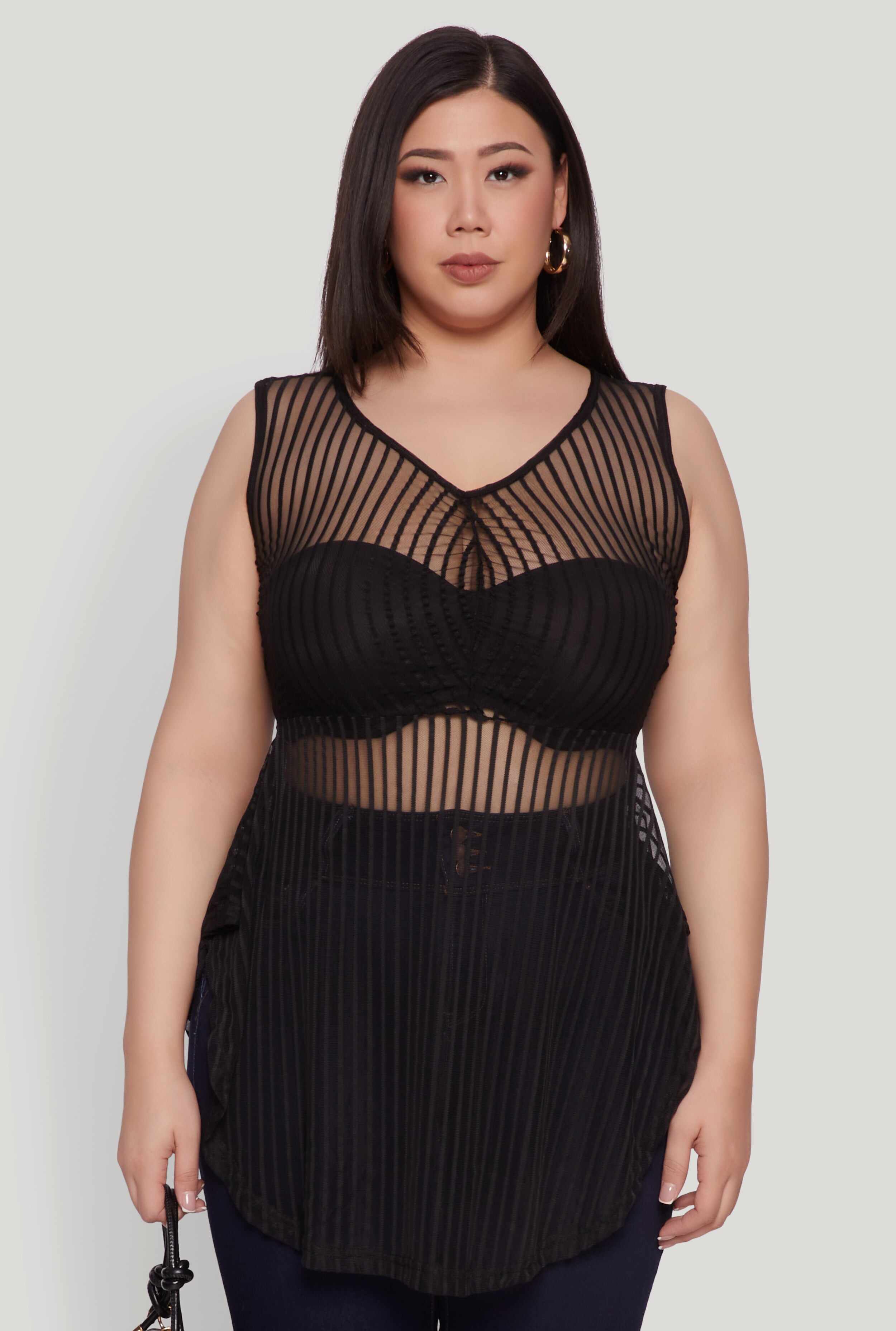 Plus Size Shadow Stripe Sleeveless Mesh Top