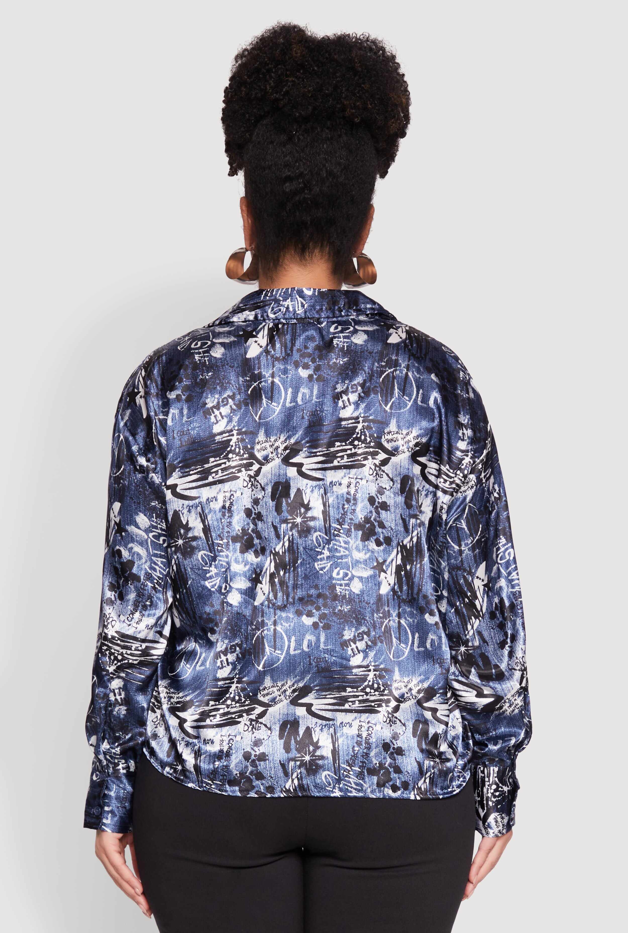 Plus Size Satin Graffiti Printed Pattern Shirt