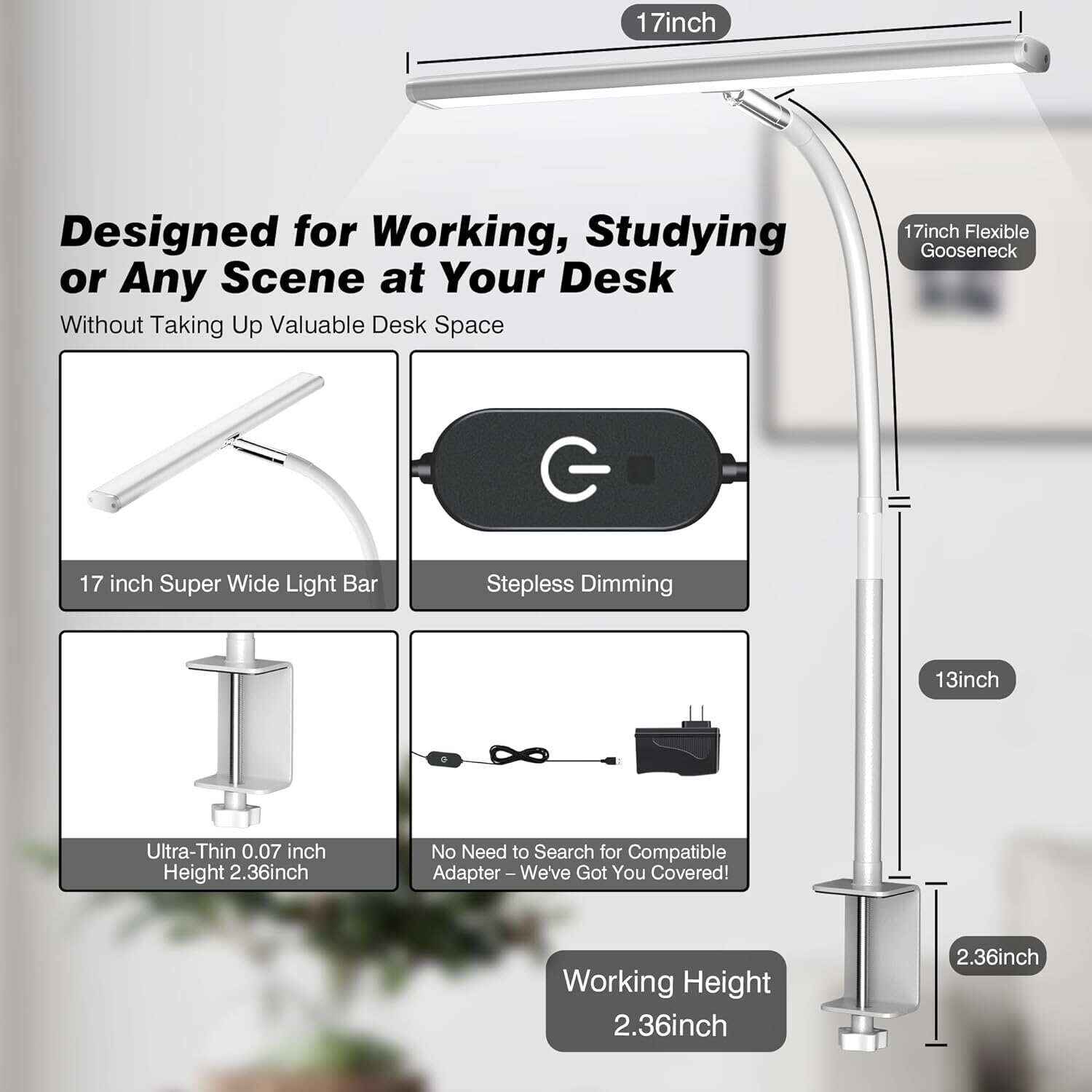 LED Desk Lamp for Office Home, Eye-Caring Desk Light with Stepless Dimming Adjustable Flexible Gooseneck, 10W USB Adapter Desk Lamp with Clamp for Reading, Study, Workbench (Black)