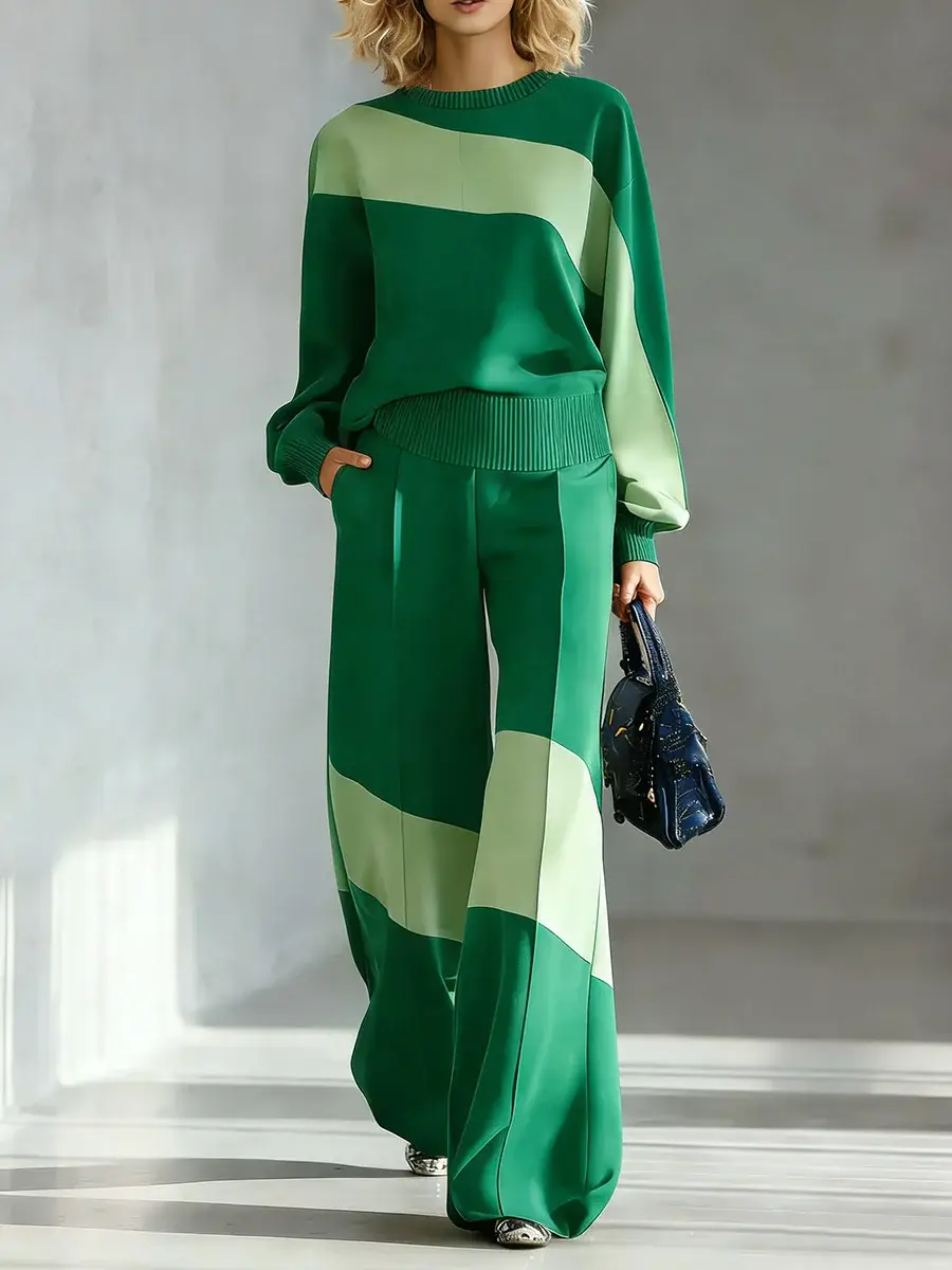 🔥Summer Arrivals🌟Women's Color-block Round Neck Long-sleeved Casual Loose Wide-leg Pants Knitted Set