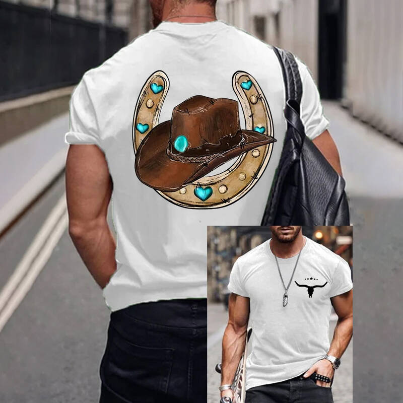 Men'S Western Hat Print Short Sleeve T Shirt