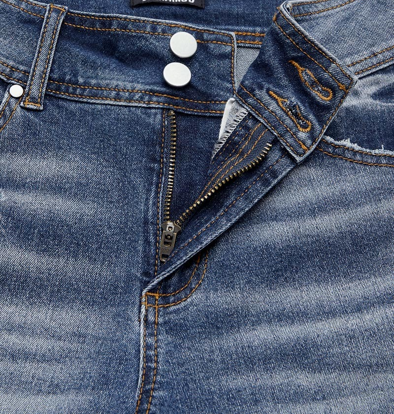 Washed Dual Button Flap Pocket Mid Waist Bootcut Jeans