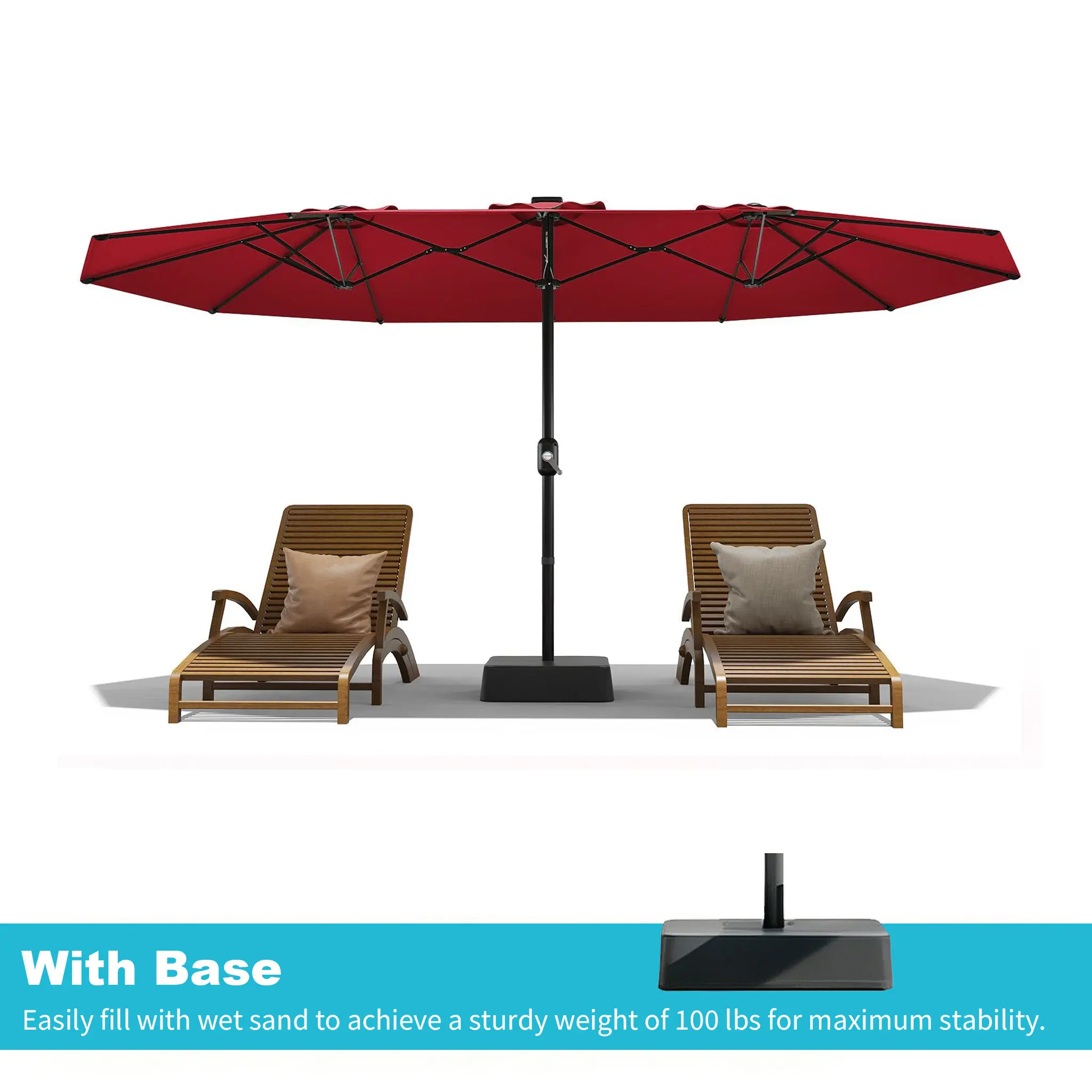 15ft Large Outdoor Patio Umbrella with Base – LED Light Option, Double-Sided, Crank Handle, Waterproof, Comes with Weighted Base and Sandbag, Accommodates 10 People