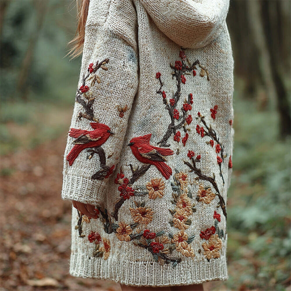 Vintage Japanese Bird & Flower Embroidery Women's Knit Hooded Cardigan