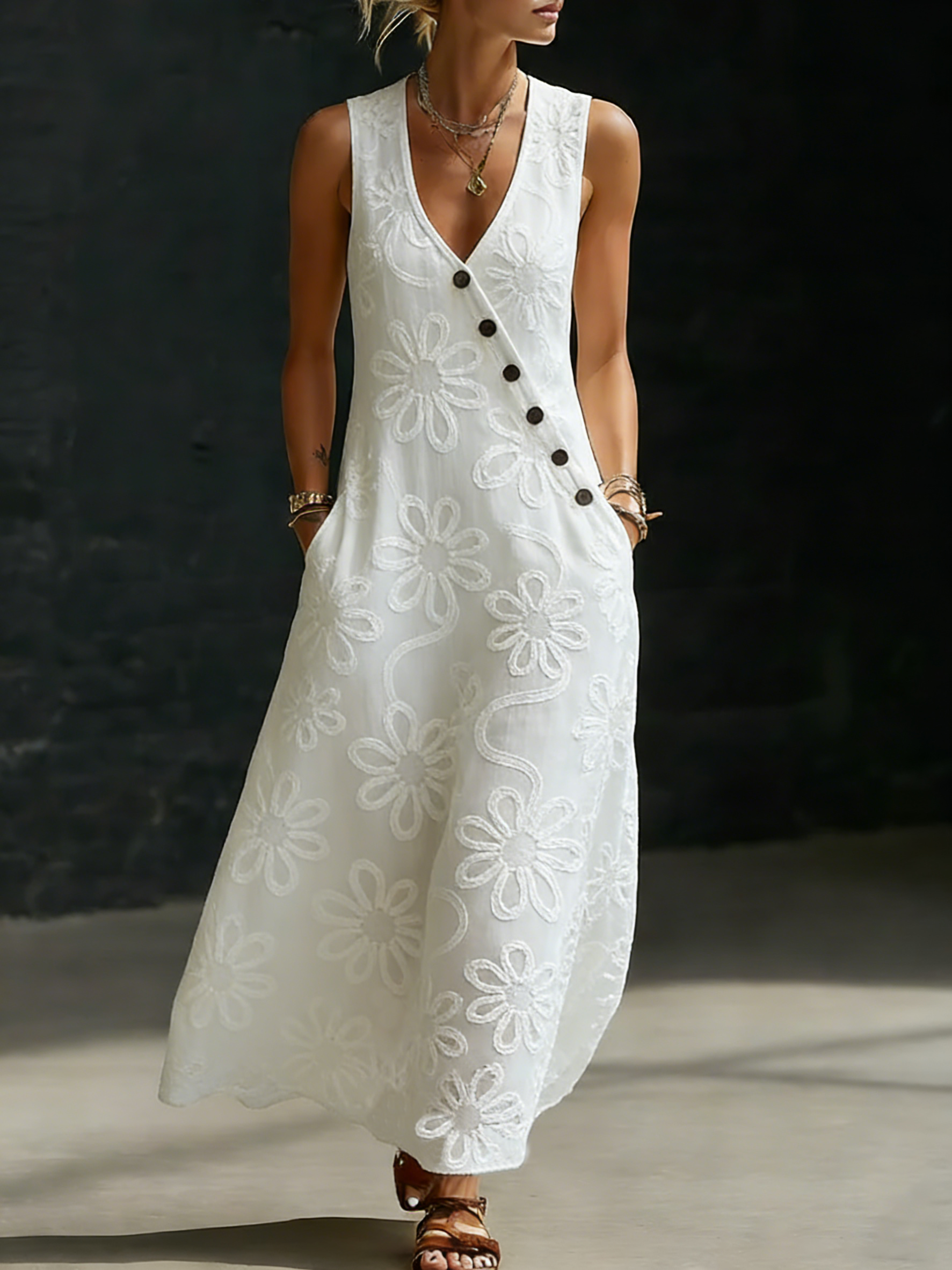 🔥Summer Arrivals🌟Elegant Floral Embroidery V-neck Dress