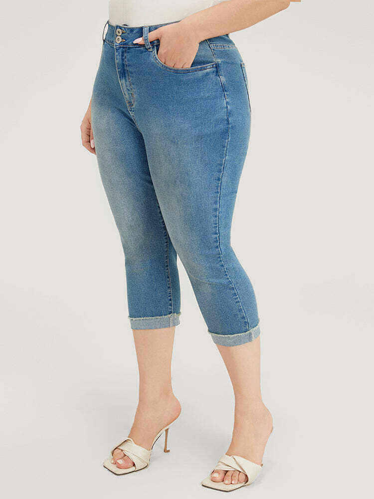 Very Stretchy High Rise Medium Wash Roll Hem Cropped Jeans