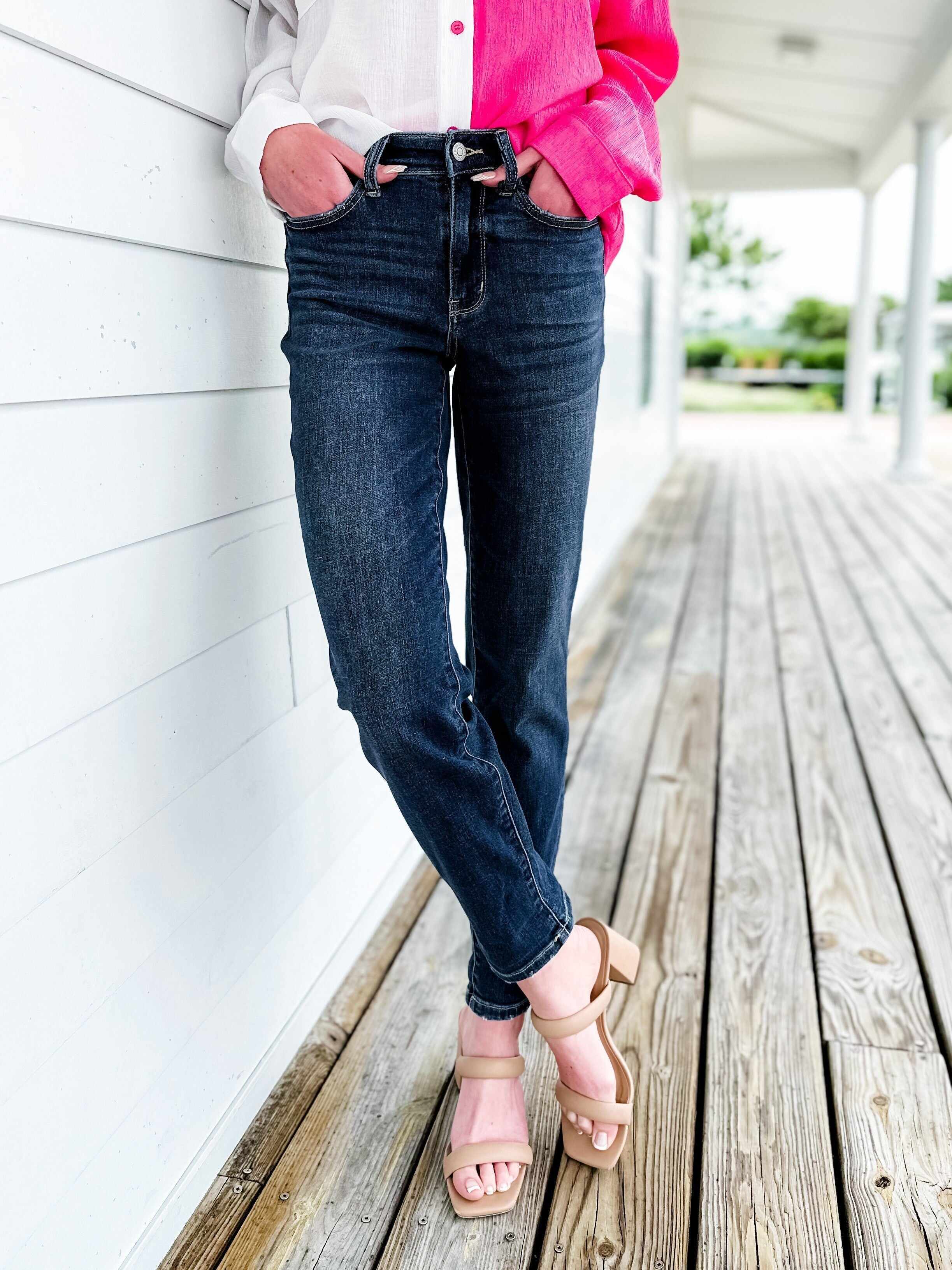 🔥Hot Sales🔥My Favorite Boyfriend Mid Rise Dark Wash Non Distressed Cuffed Boyfriend Jeans