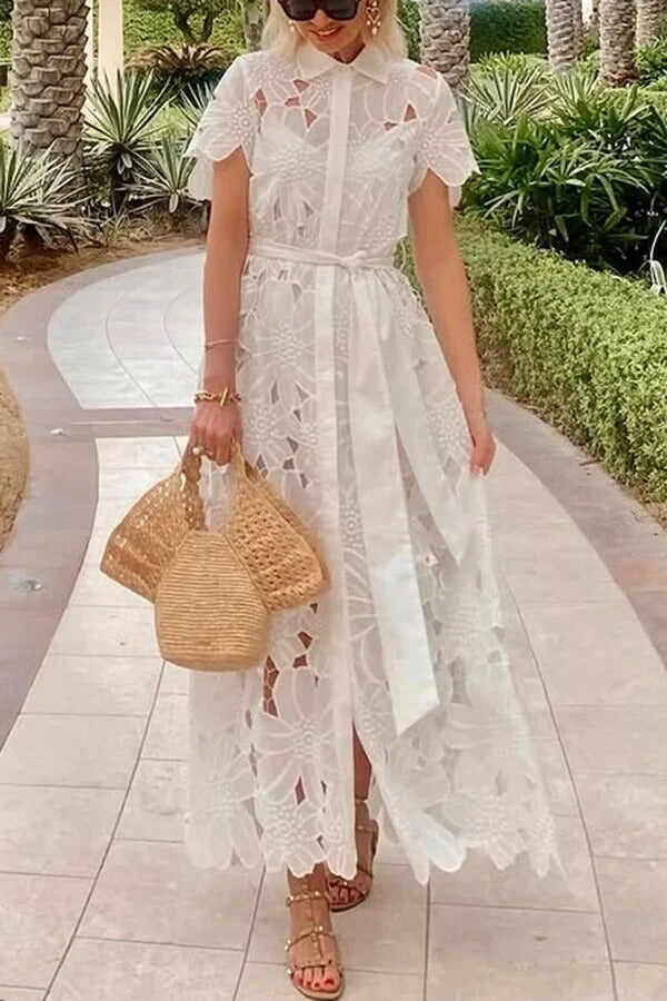 Dubai Style Floral Crochet Lace Short Sleeve Tie-up Shirt Maxi Dress