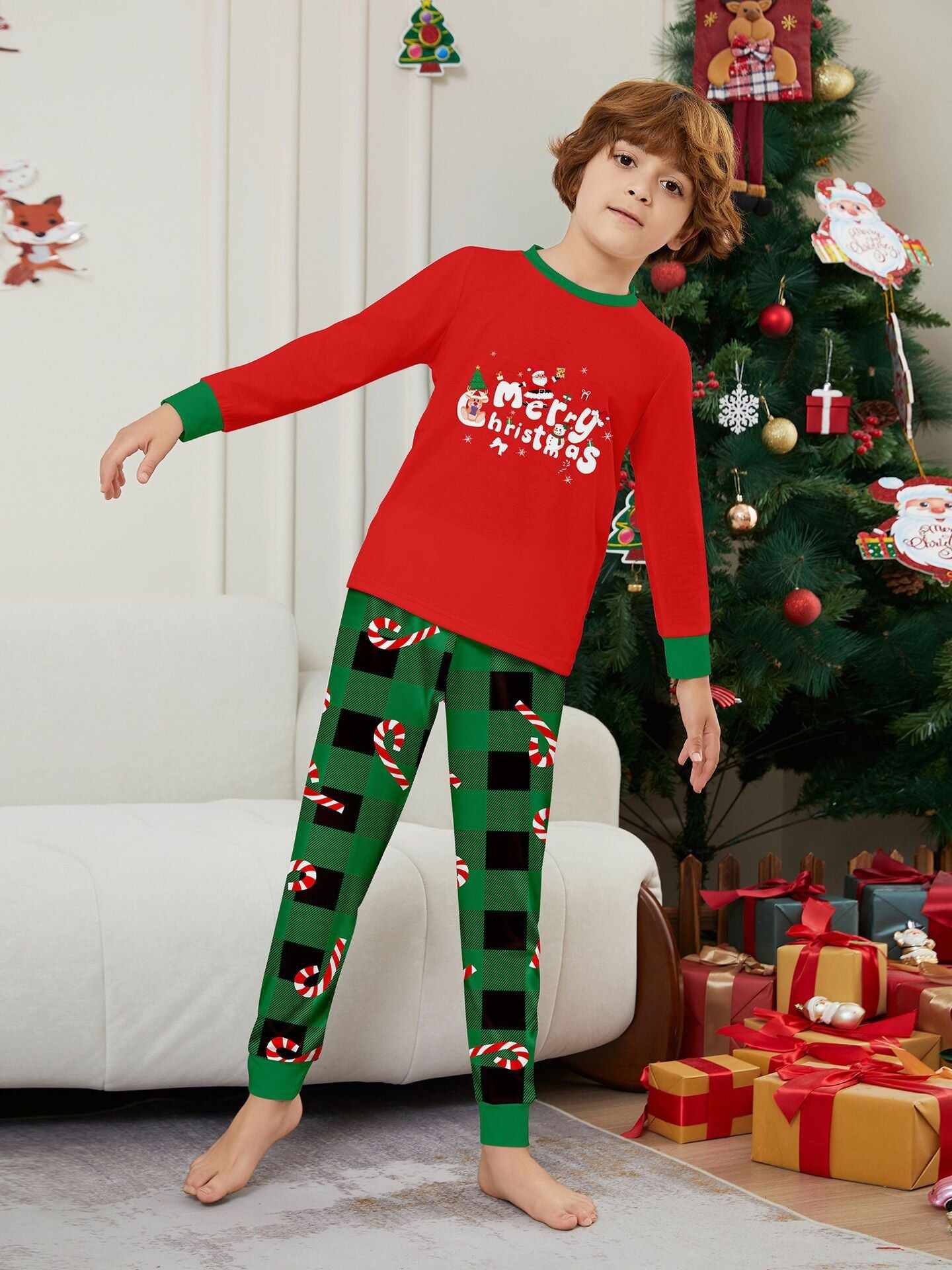 Christmas Cane Fawn Printed Family Matching Christmas Pajamas Sets