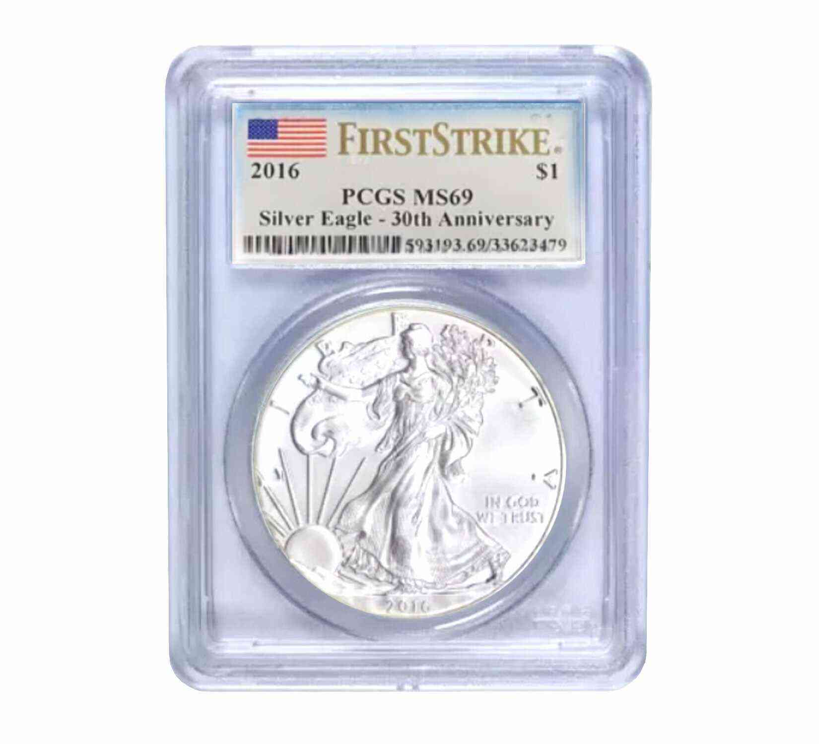 2016 $1 American Silver Eagle MS69 PCGS First Strike 30th Anniversary