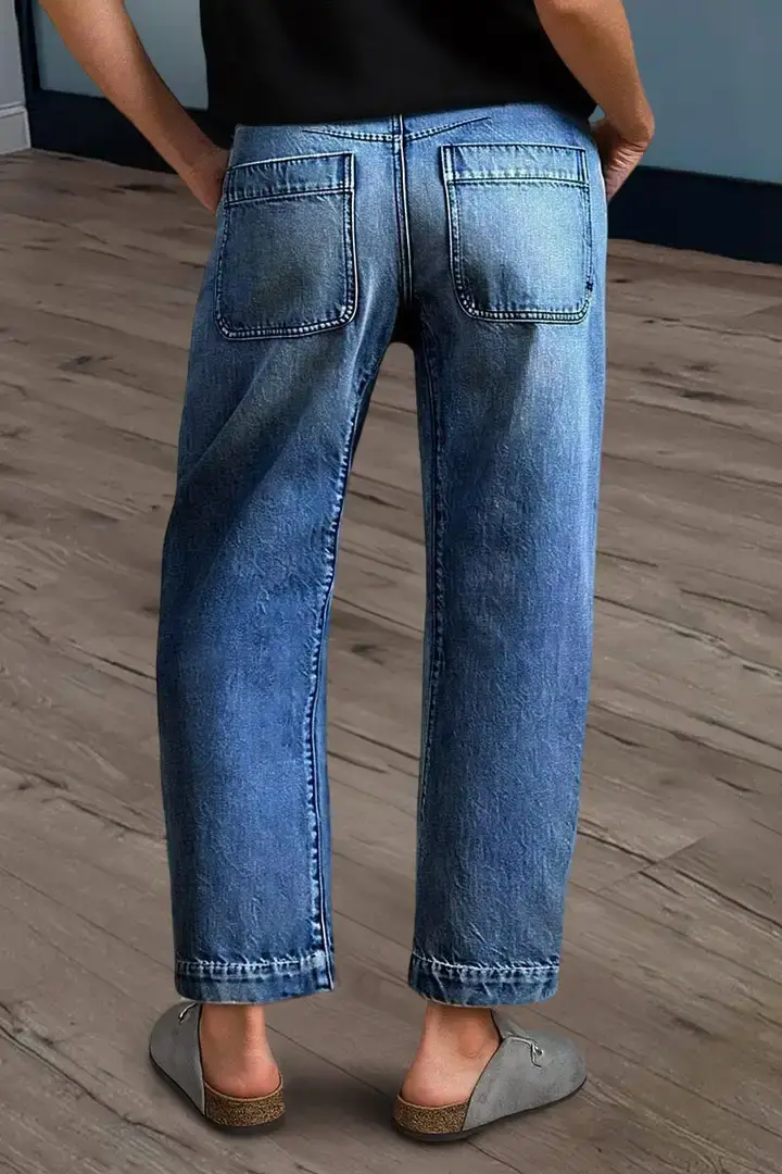 🔥Summer Arrivals🌟Wash Stitch Detail Mid Rise Barrel Leg Crop Jeans Without Belt