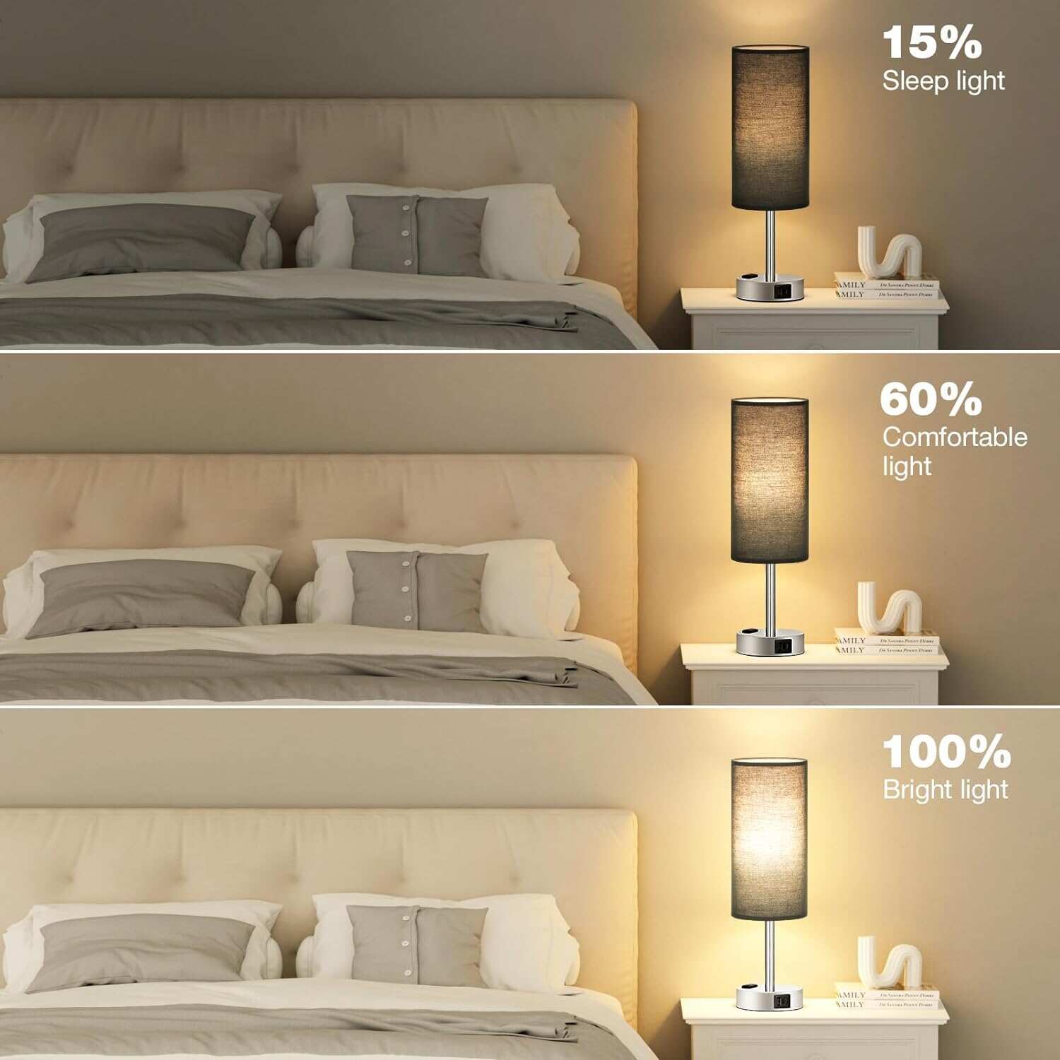 Bedside Table Lamp for Bedroom - 3 Way Dimmable Touch Lamp USB C Charging Ports and AC Outlet, Small Lamp Wood Base Round Flaxen Fabric Shade for Living Room, Desk, LED Bulb Included