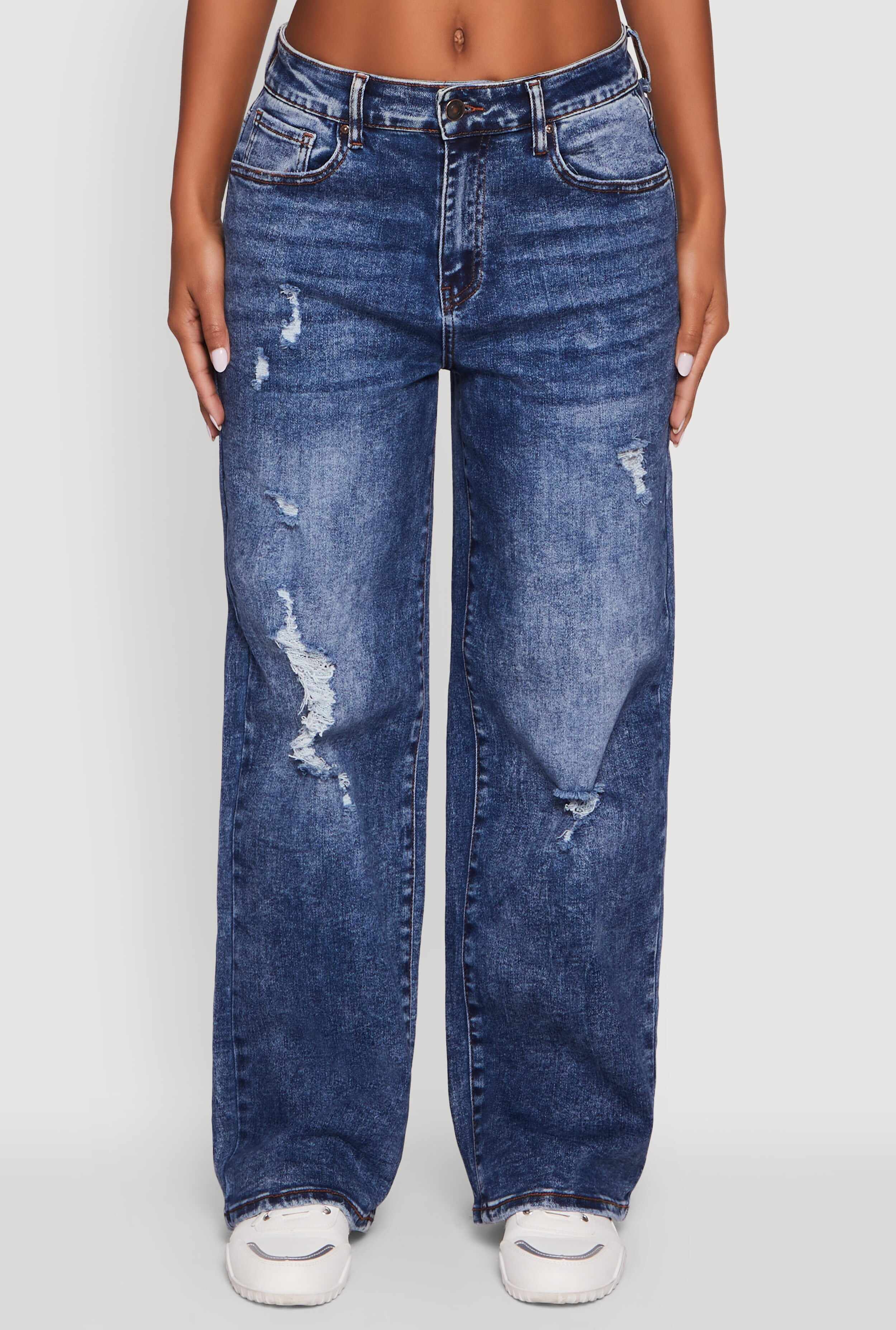 Mineral Wash Whiskered Distressed Straight Leg Jeans