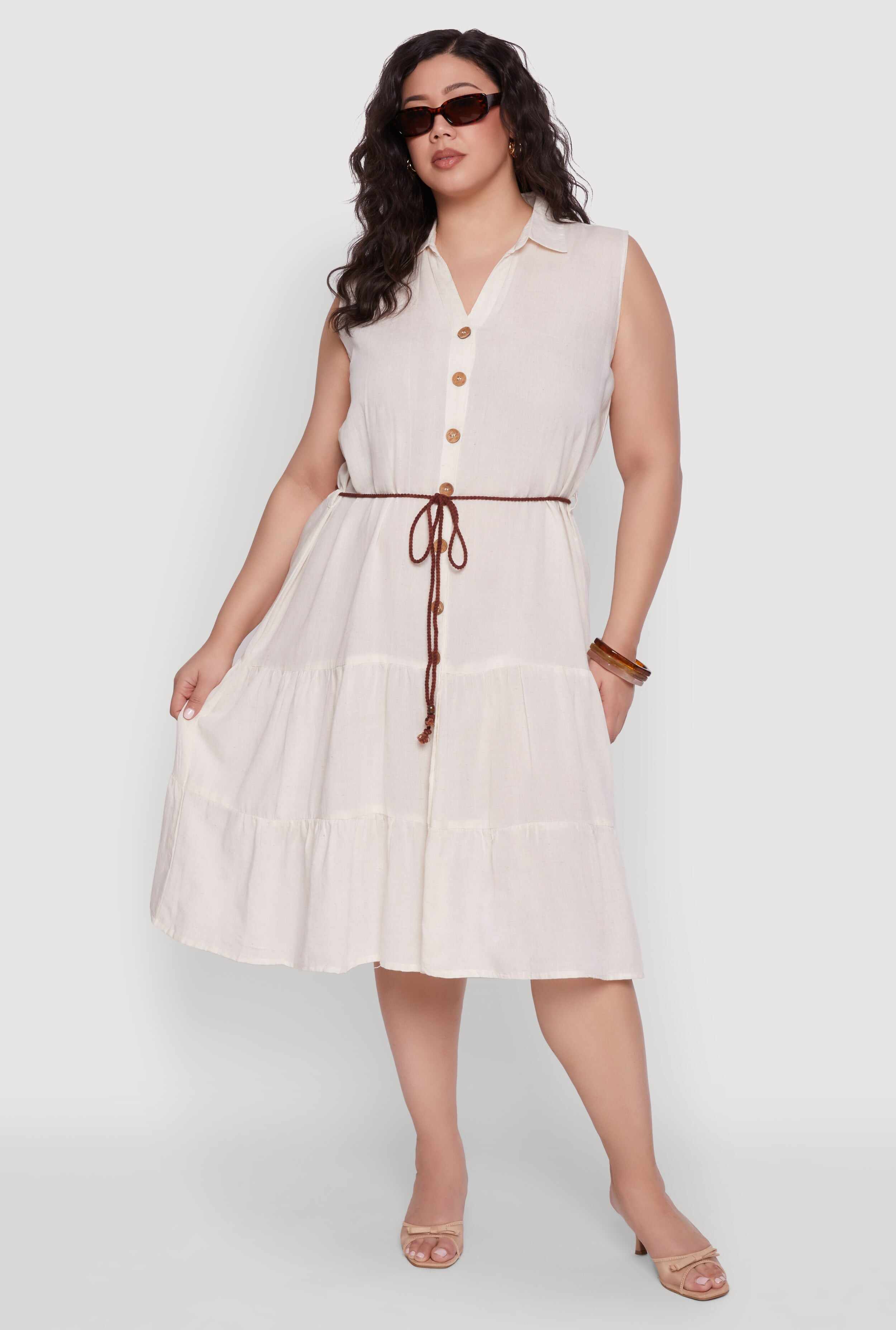 Plus Size Linen Sleeveless Button Front Dress