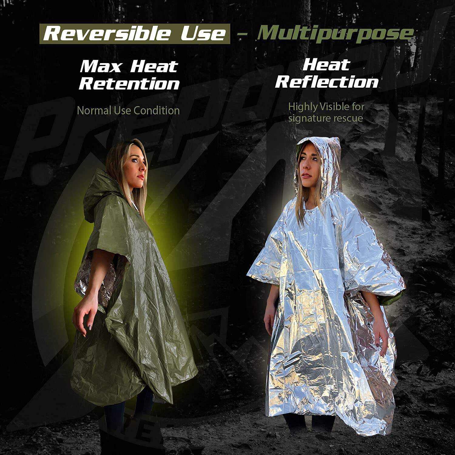 PREPARED4X Emergency Rain Poncho with Mylar Blanket Liner - Survival Blankets for Car - Heavy Duty, Waterproof Camping Gear, Tactical Prepper Supplies