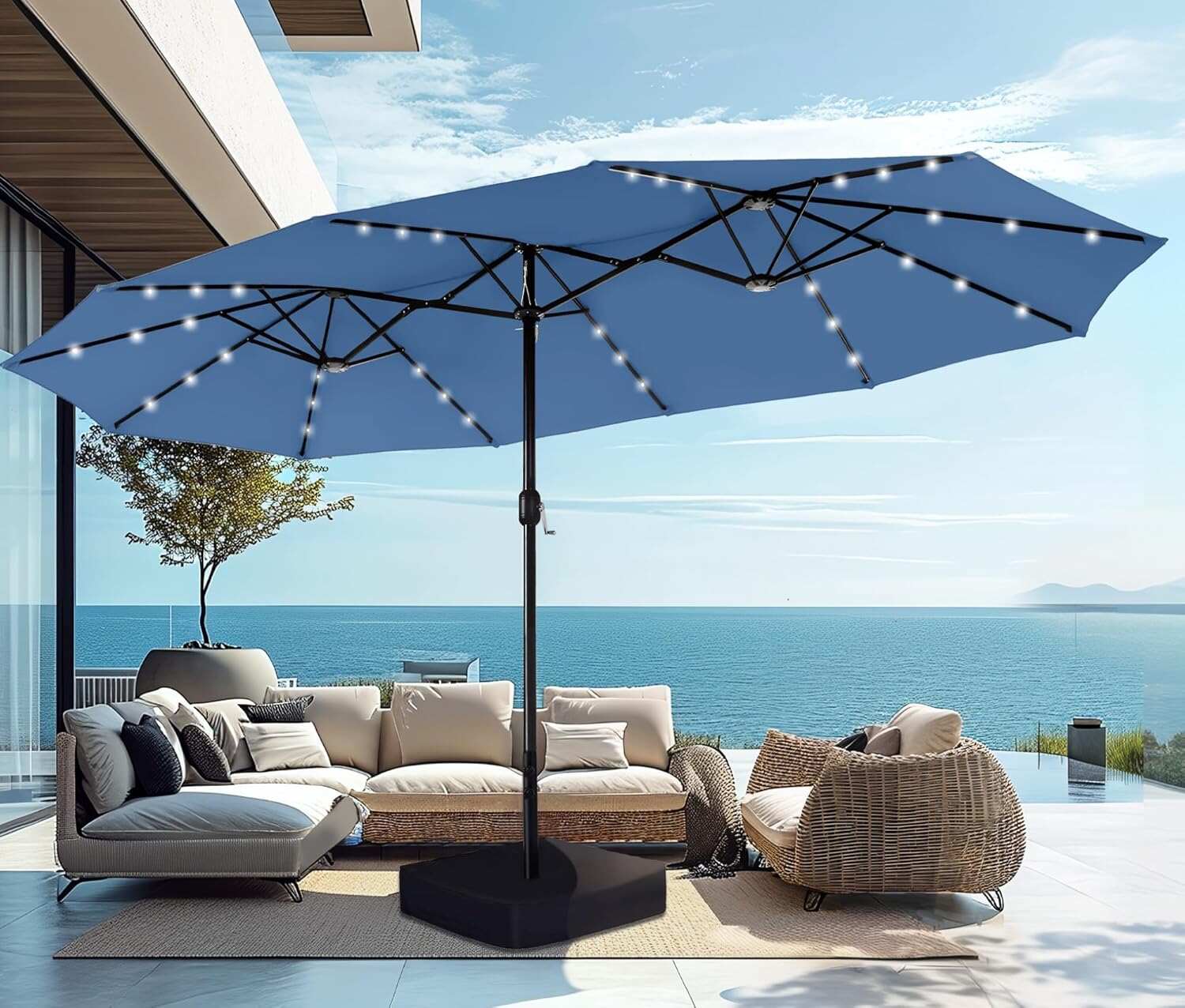 15ft Double-Sided Rectangular Patio Umbrella with Solar LED Lights & Base