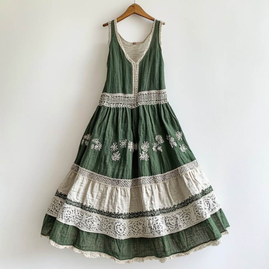 Vintage Lace Flowers Art Linen V Dress