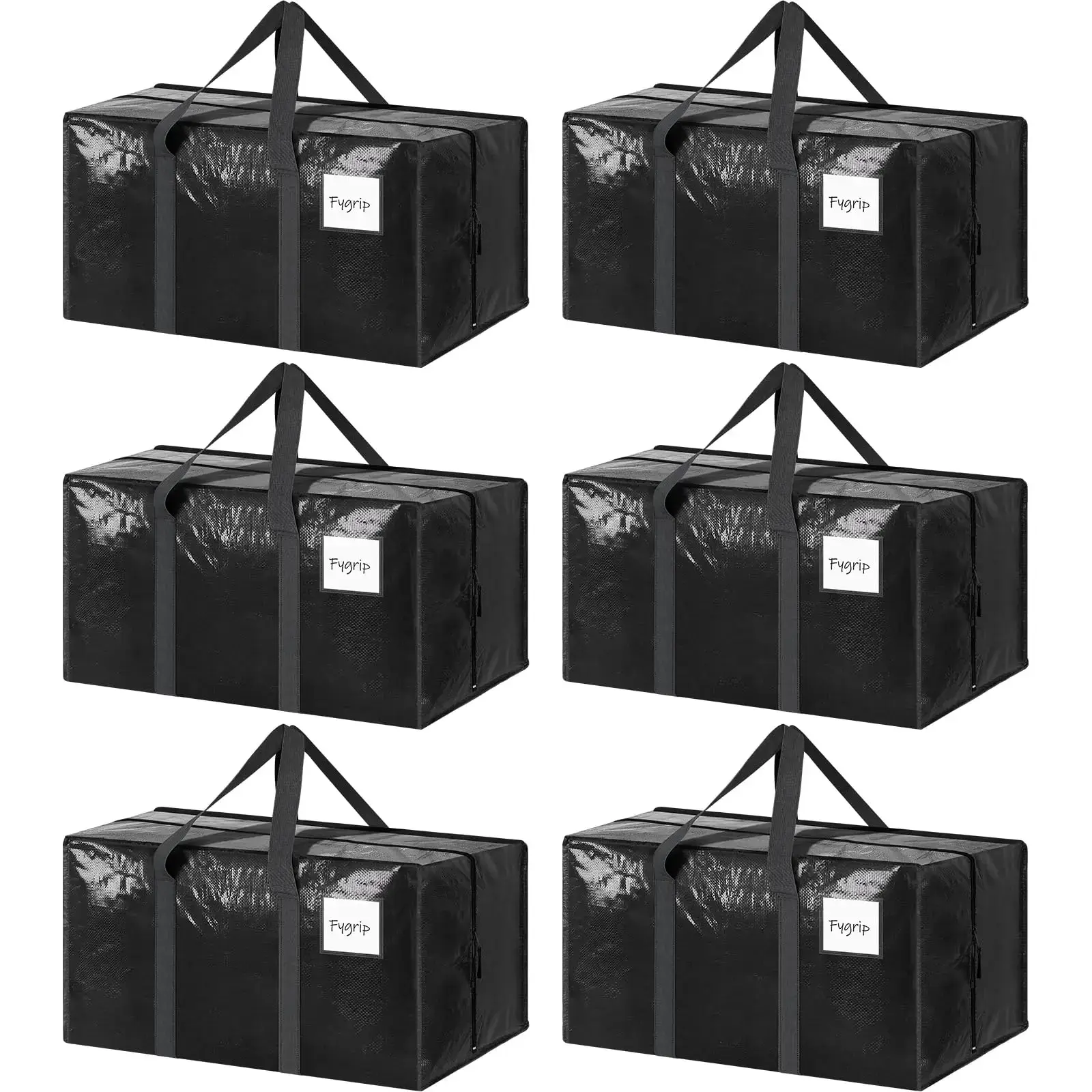 6 Pack Extra Heavy Duty Large Moving Bags with Strong Zipper & Comfortable Handles, Sturdy & Durable Clothes Storage Bags Totes Bins, Packing Moving Boxes for College Supplies, Black