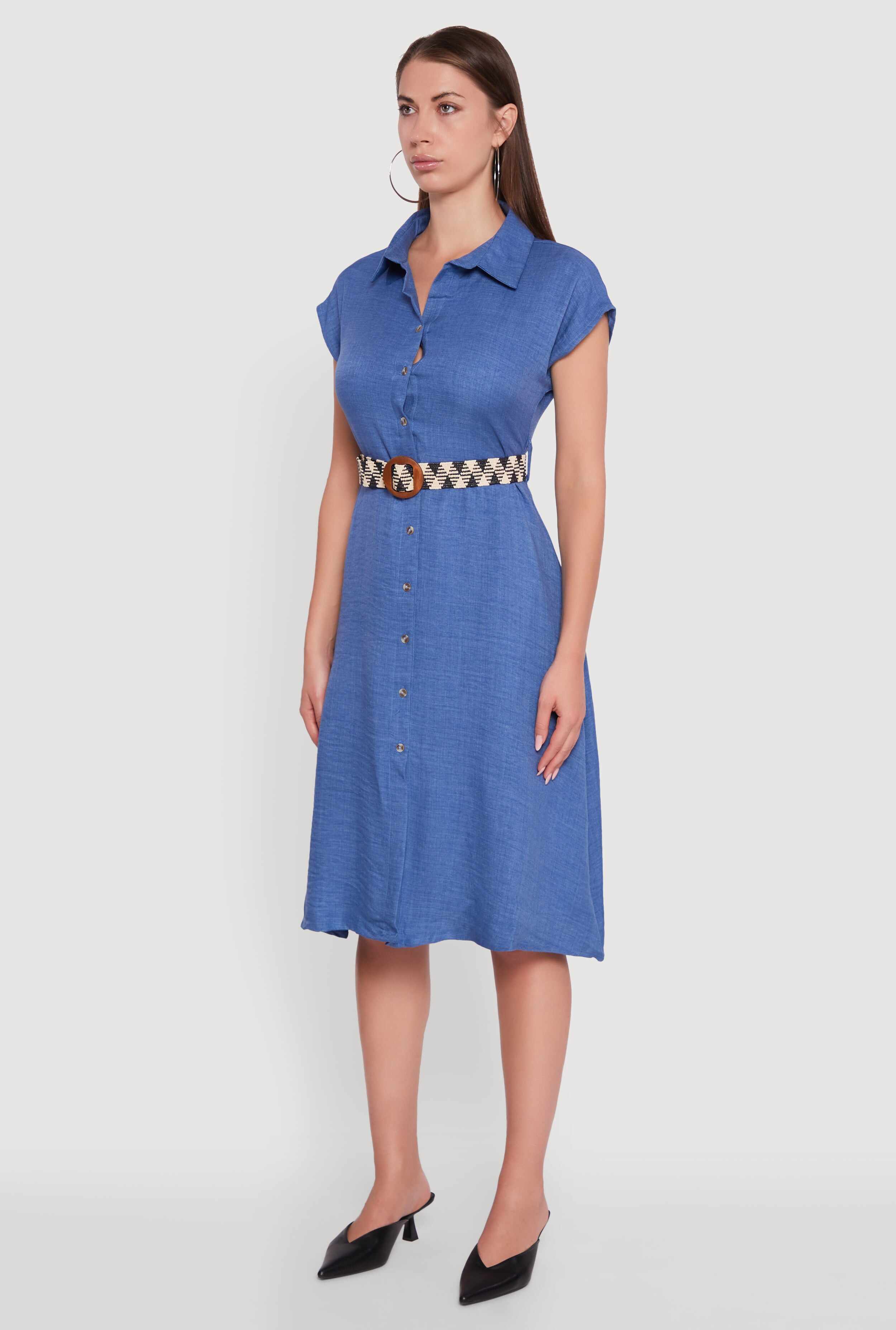 Classic Fit Midi Dress with Belt and Cap Sleeves