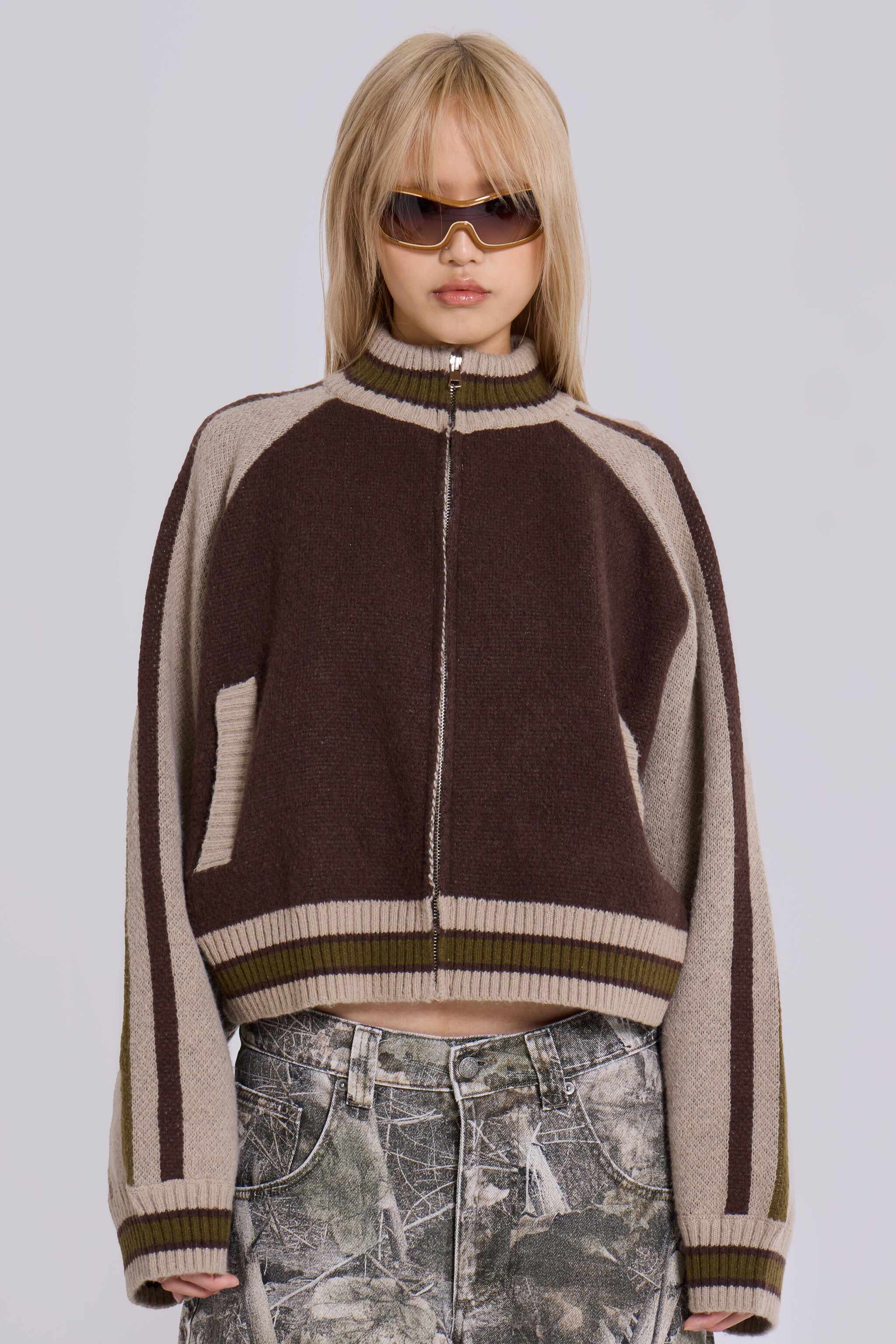 Brown Team 85 Knitted Bomber Jacket