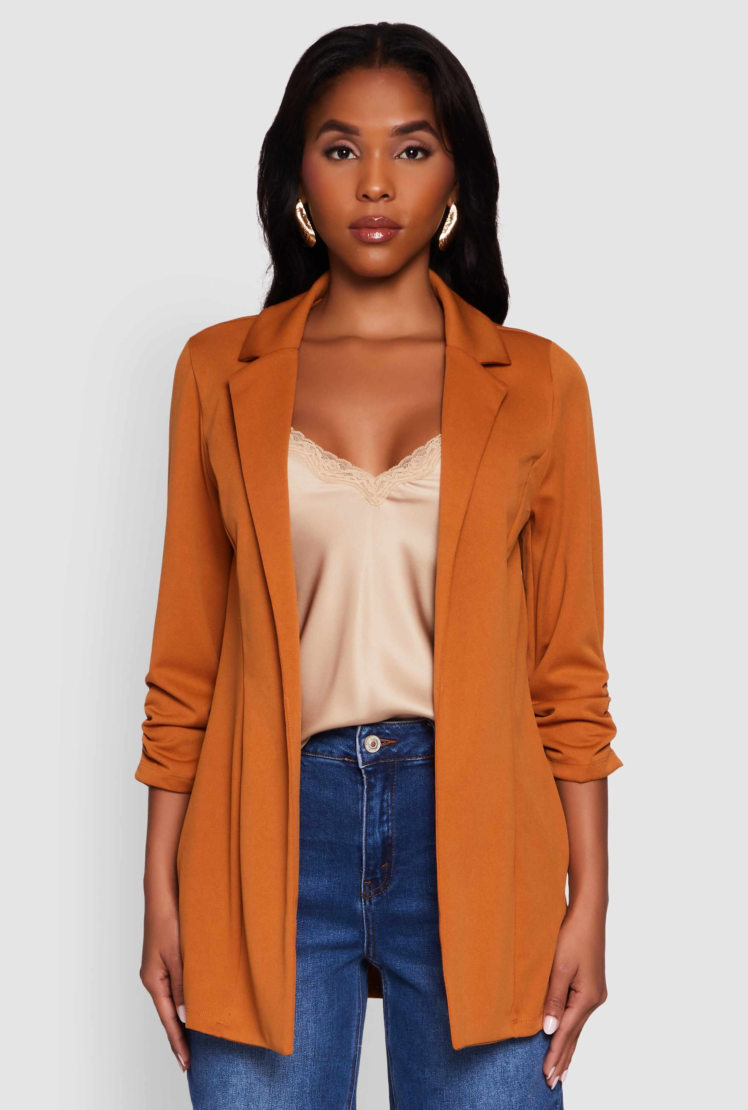Textured Knit Ruched Sleeve Blazer