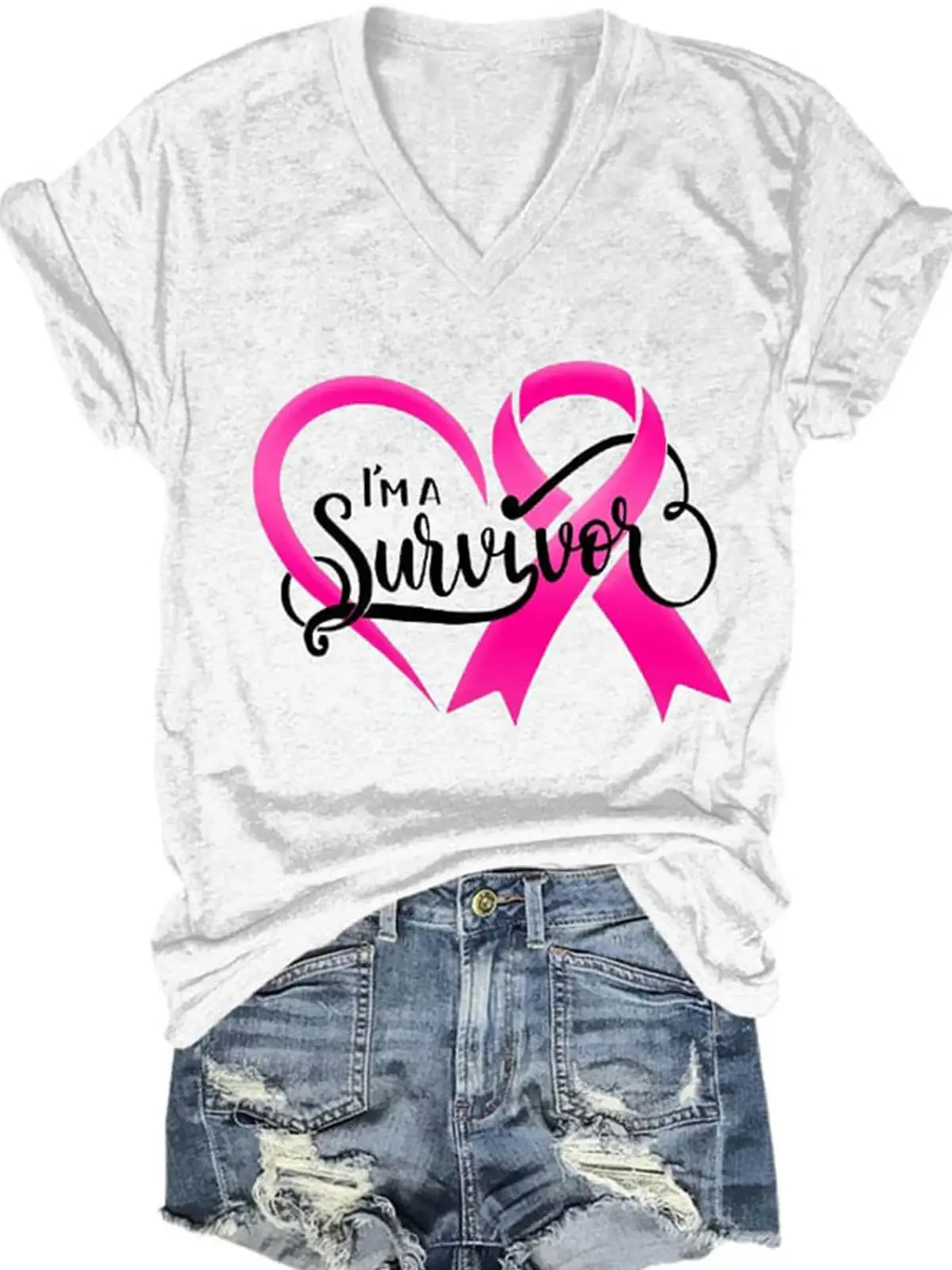 Breast Cancer Red Ribbon Awareness V-Neck T-Shirt