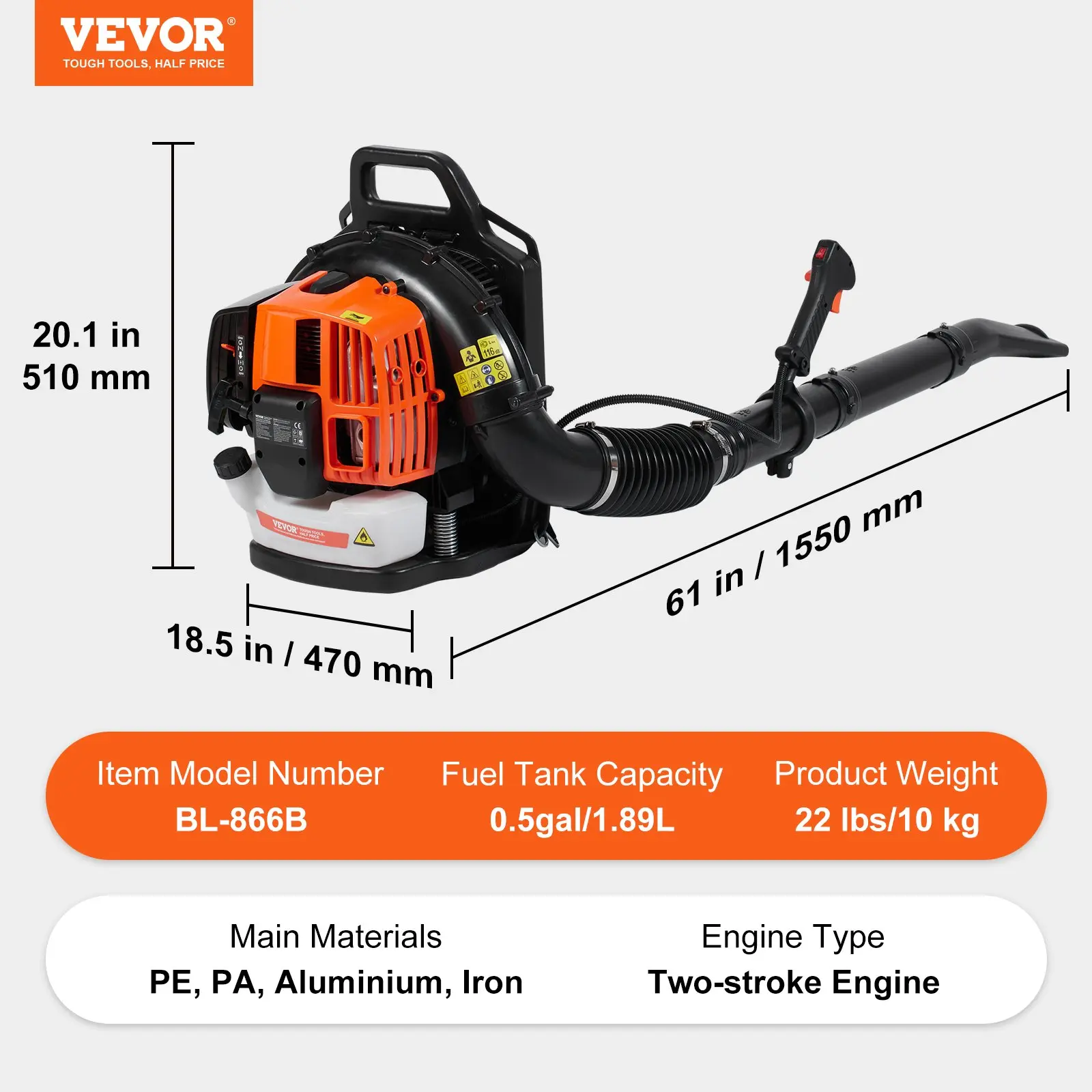 79cc 2-Cycle Gas Powered Backpack Leaf Blower, 3L Fuel Tank, 184MPH High Speed, Ideal for Lawn Care, Leaf Cleaning and Snow Removal