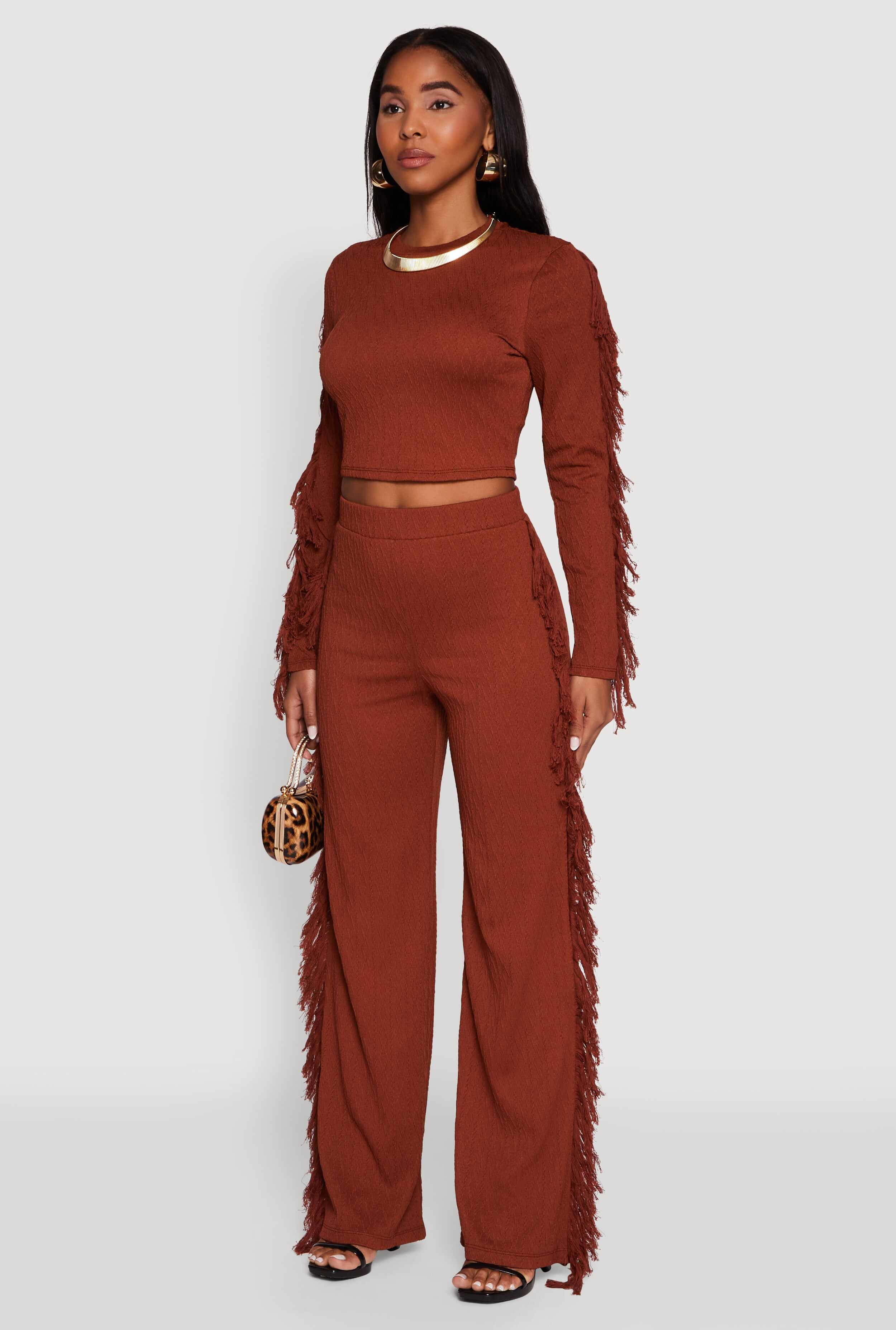 Textured Knit Long Sleeve Fringe Crop Top