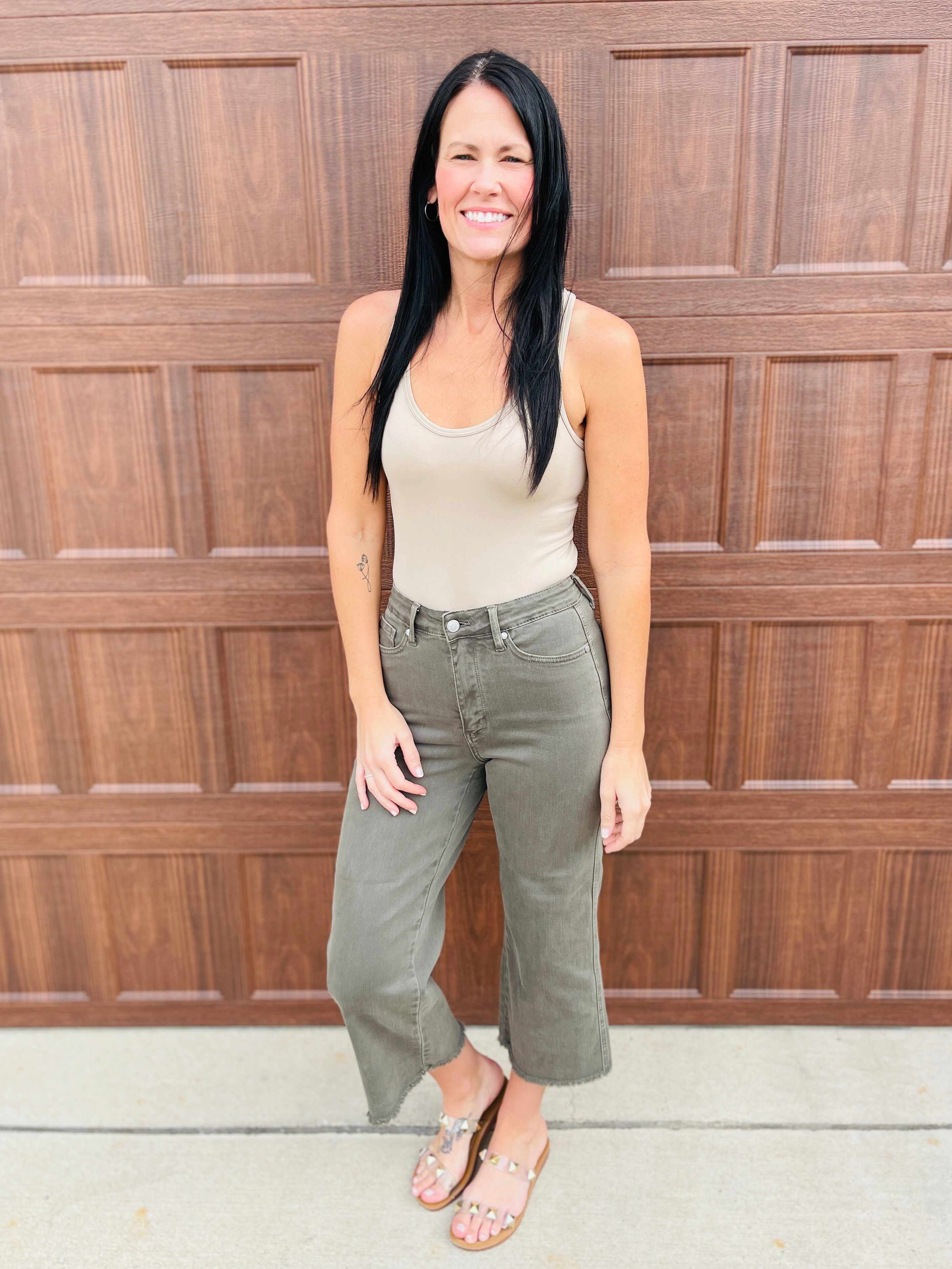 REG/CURVY Olive You Tummy Control Garment Dyed Wide Leg Cropped Jeans