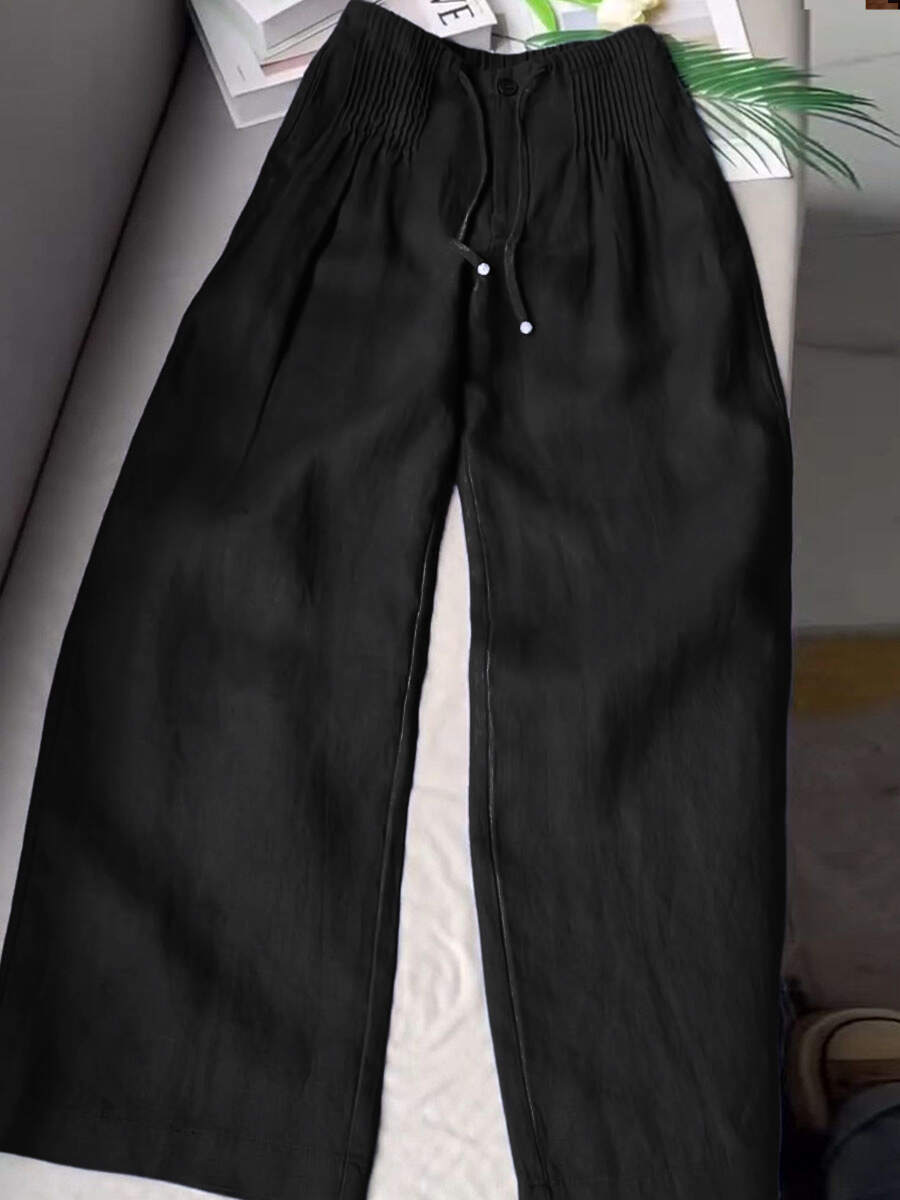 🔥Summer Arrivals🌟Women's Solid Color Pleated Drawstring Casual Cotton and Linen Wide Leg Pants
